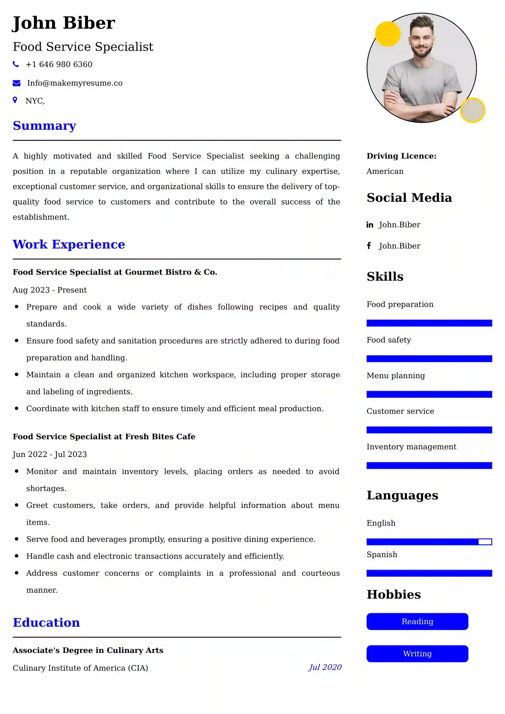 Food Service Specialist Resume Examples USA