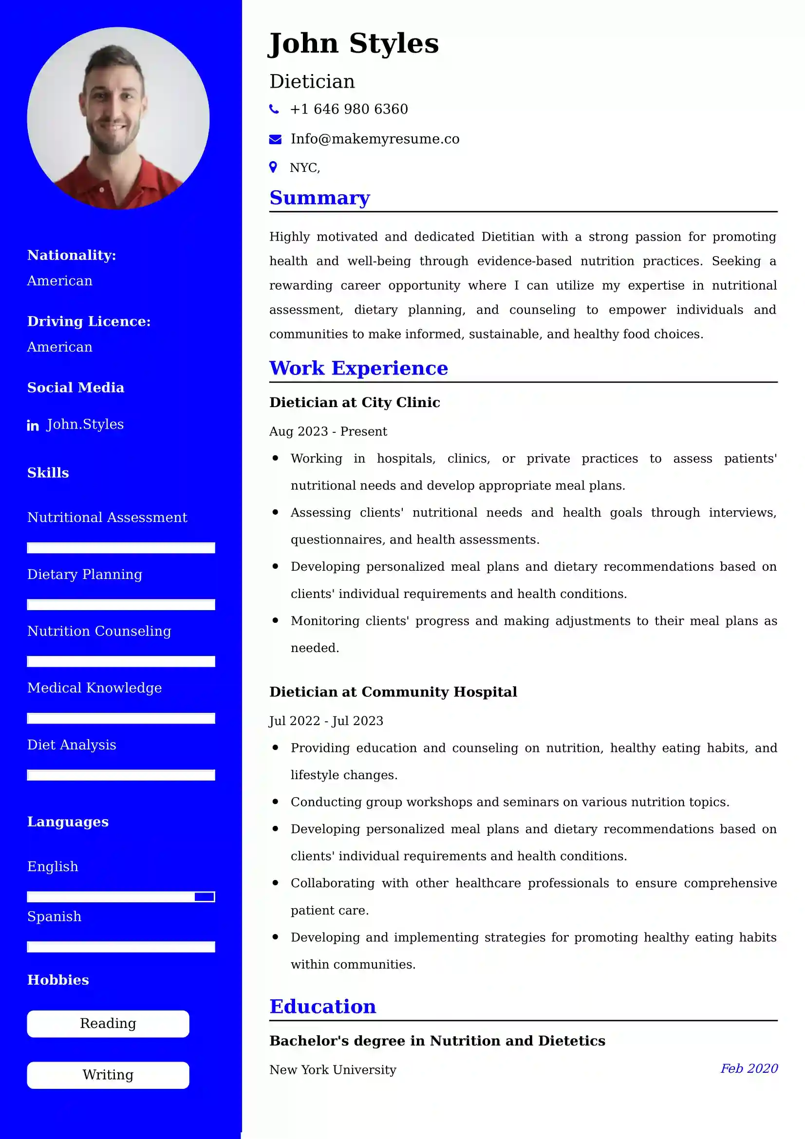 Dietician Resume Examples USA