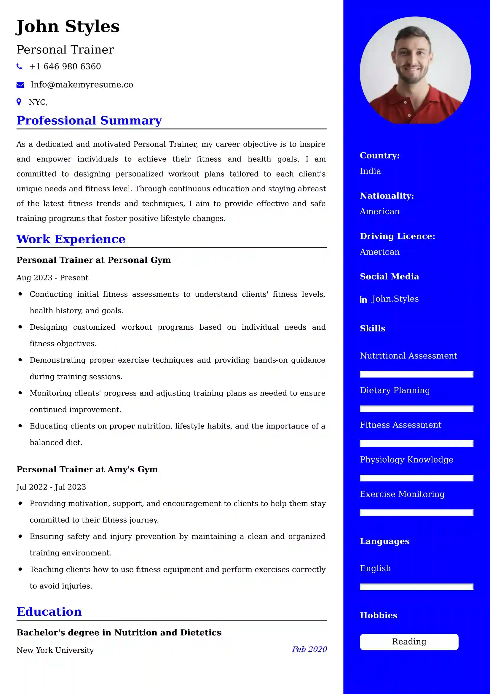 Personal Trainer Resume Examples USA