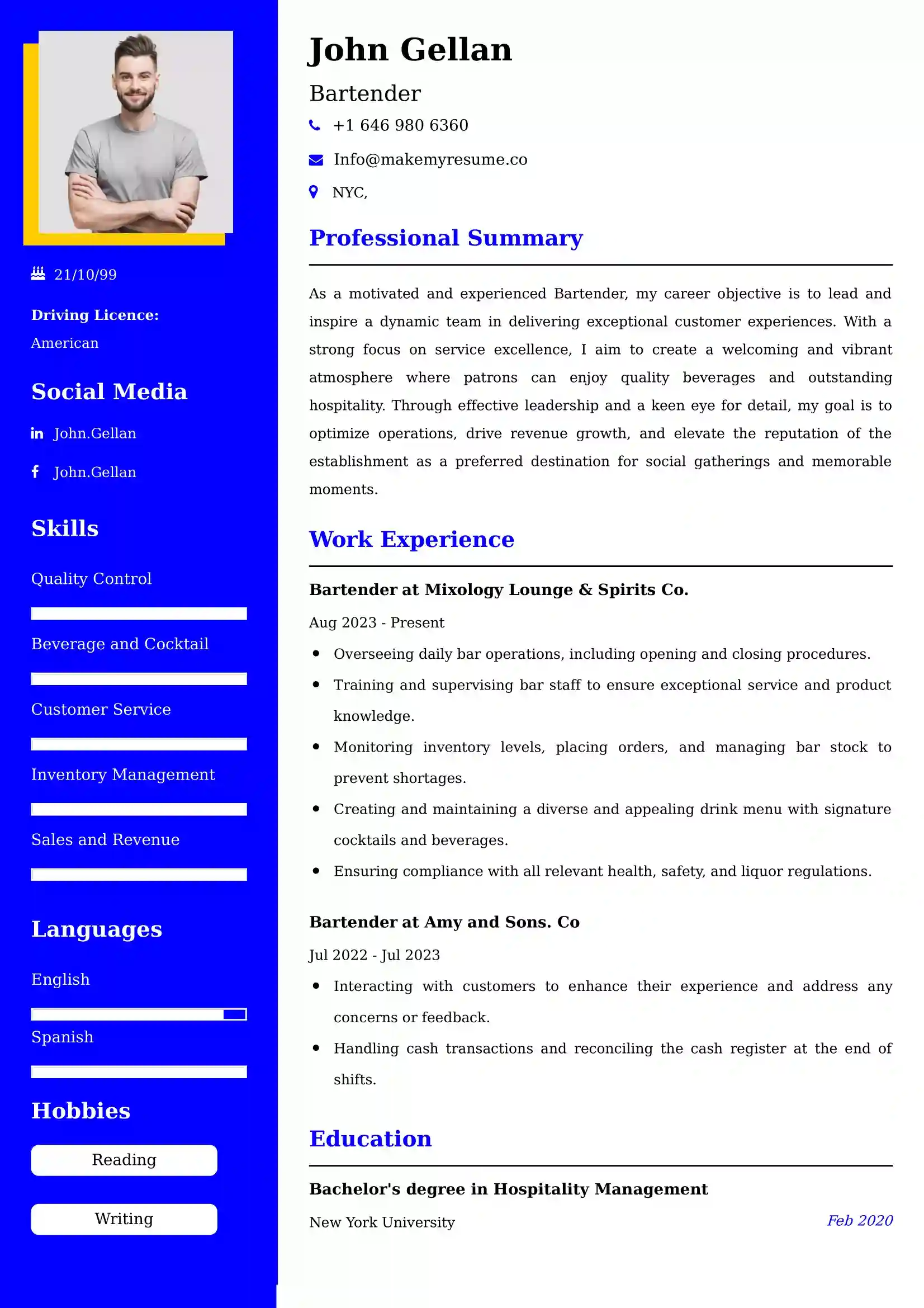 Bartender Resume Examples USA