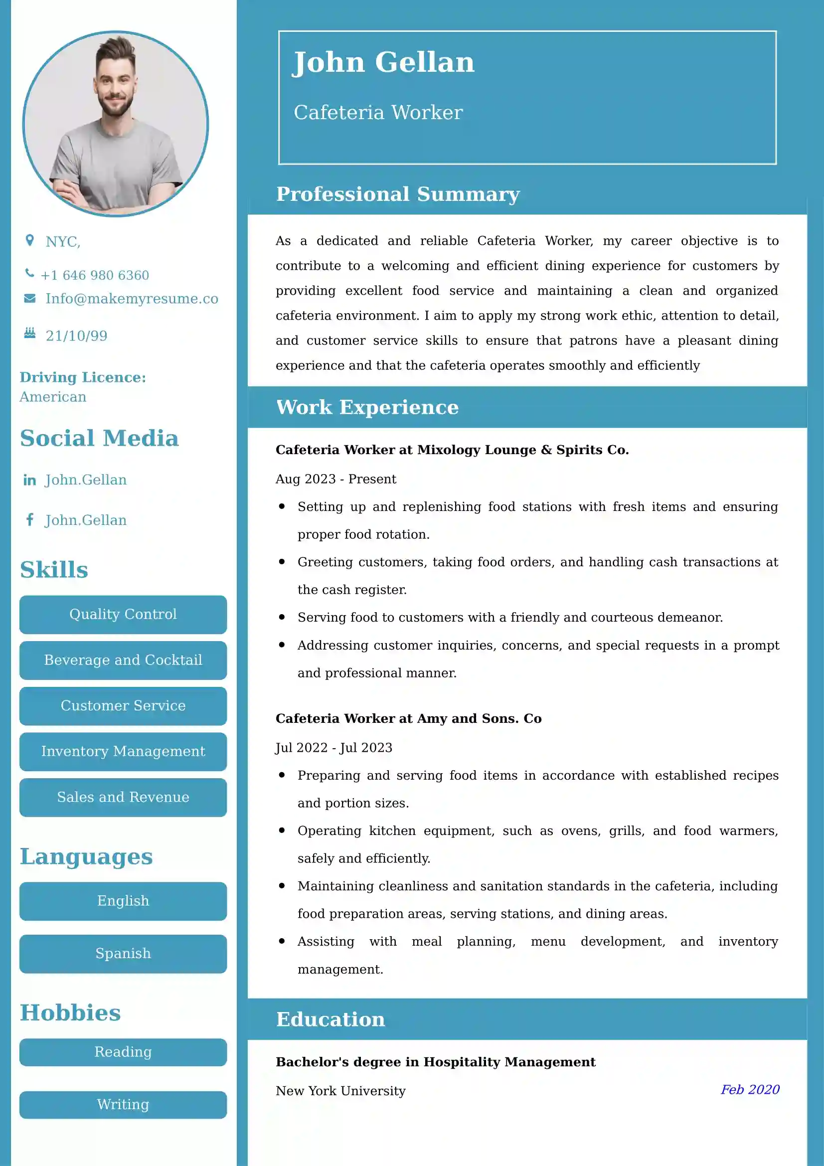 Cafeteria Worker Resume Examples USA