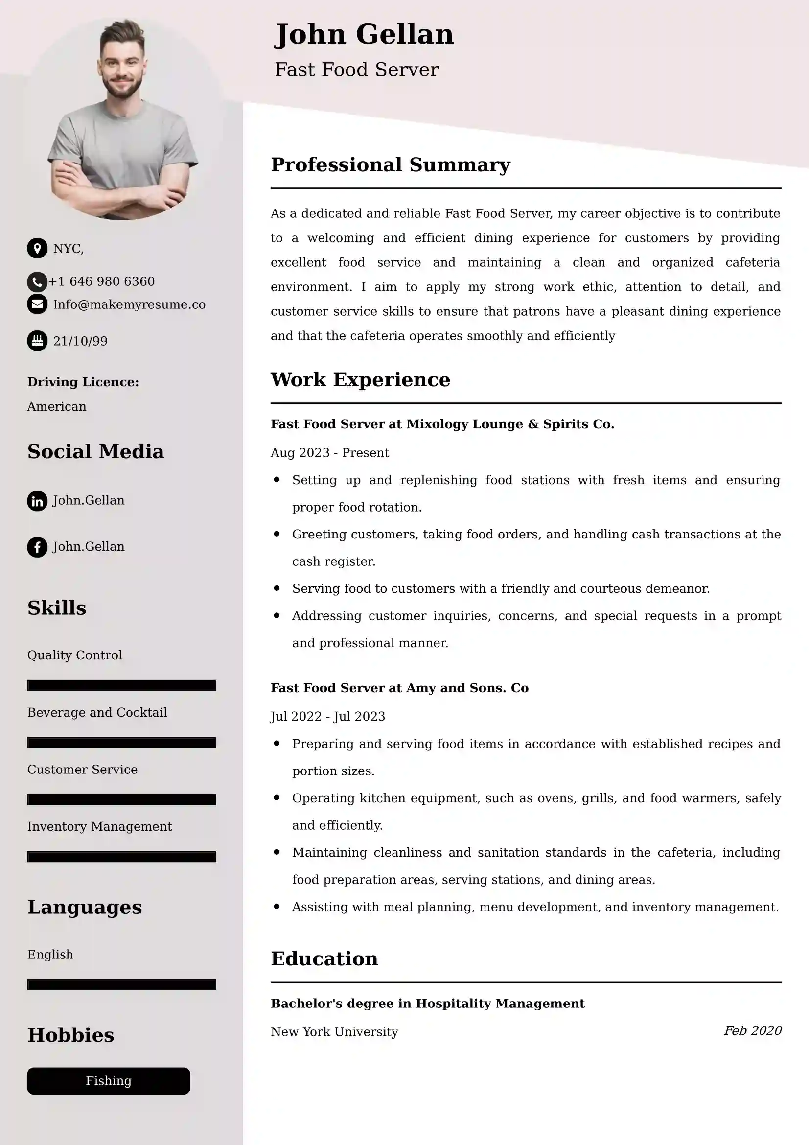 Fast Food Server Resume Examples USA