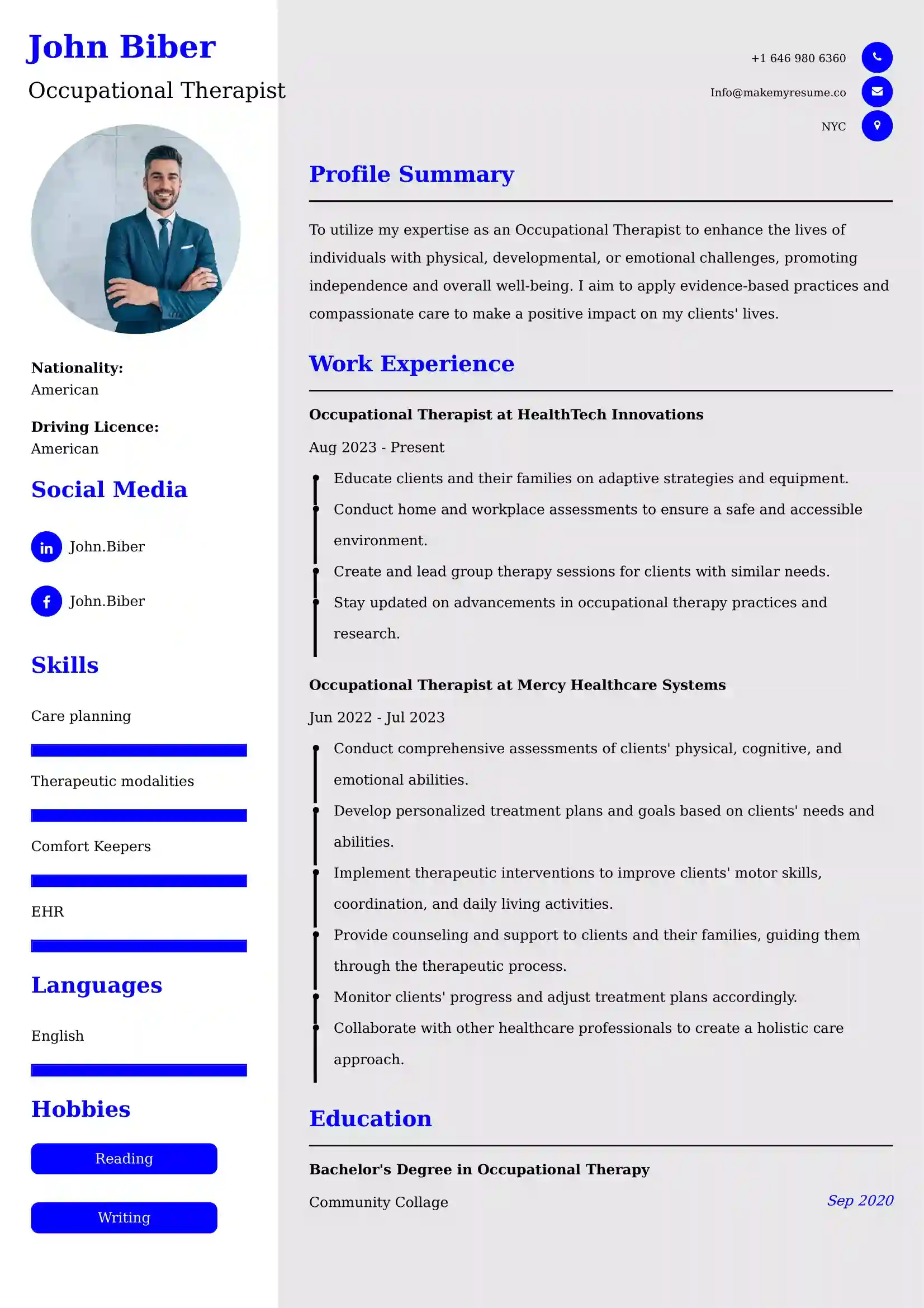 Occupational Therapist Resume Examples USA