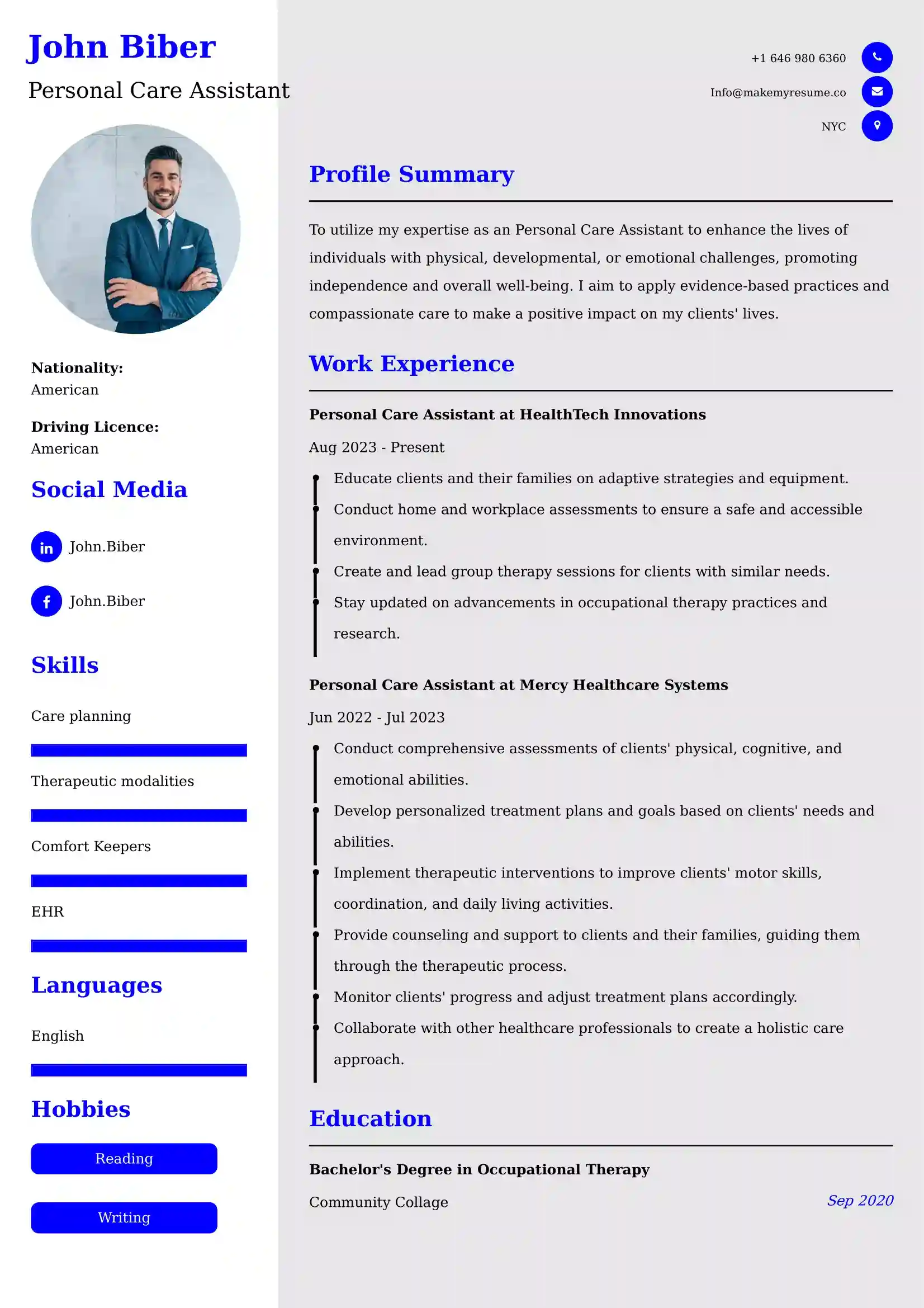 Personal Care Assistant Resume Examples USA