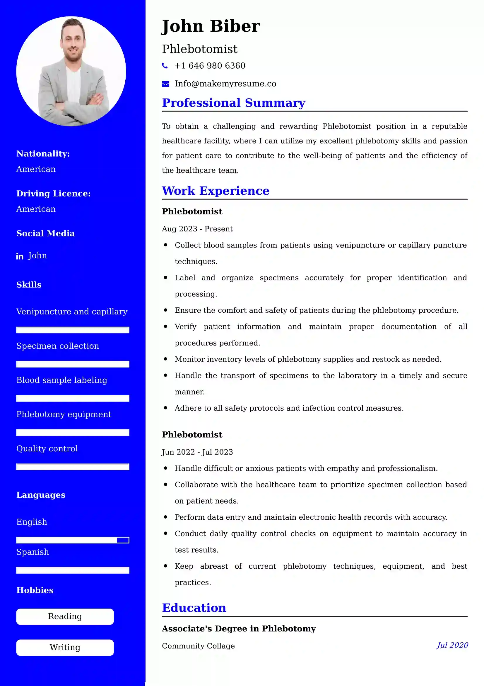 Phlebotomist Resume Examples USA