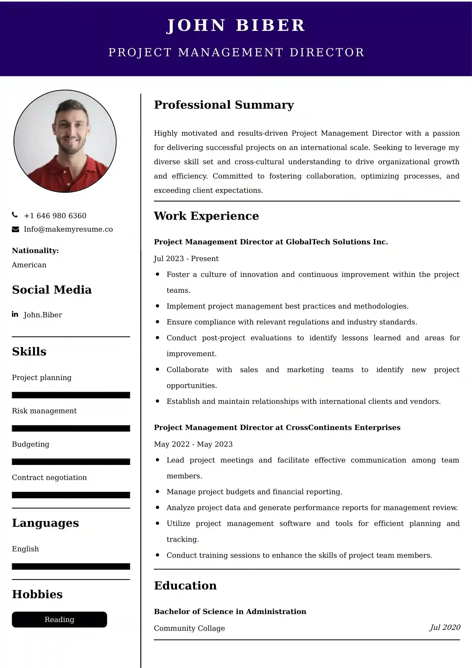 Project Management Director Resume Examples USA