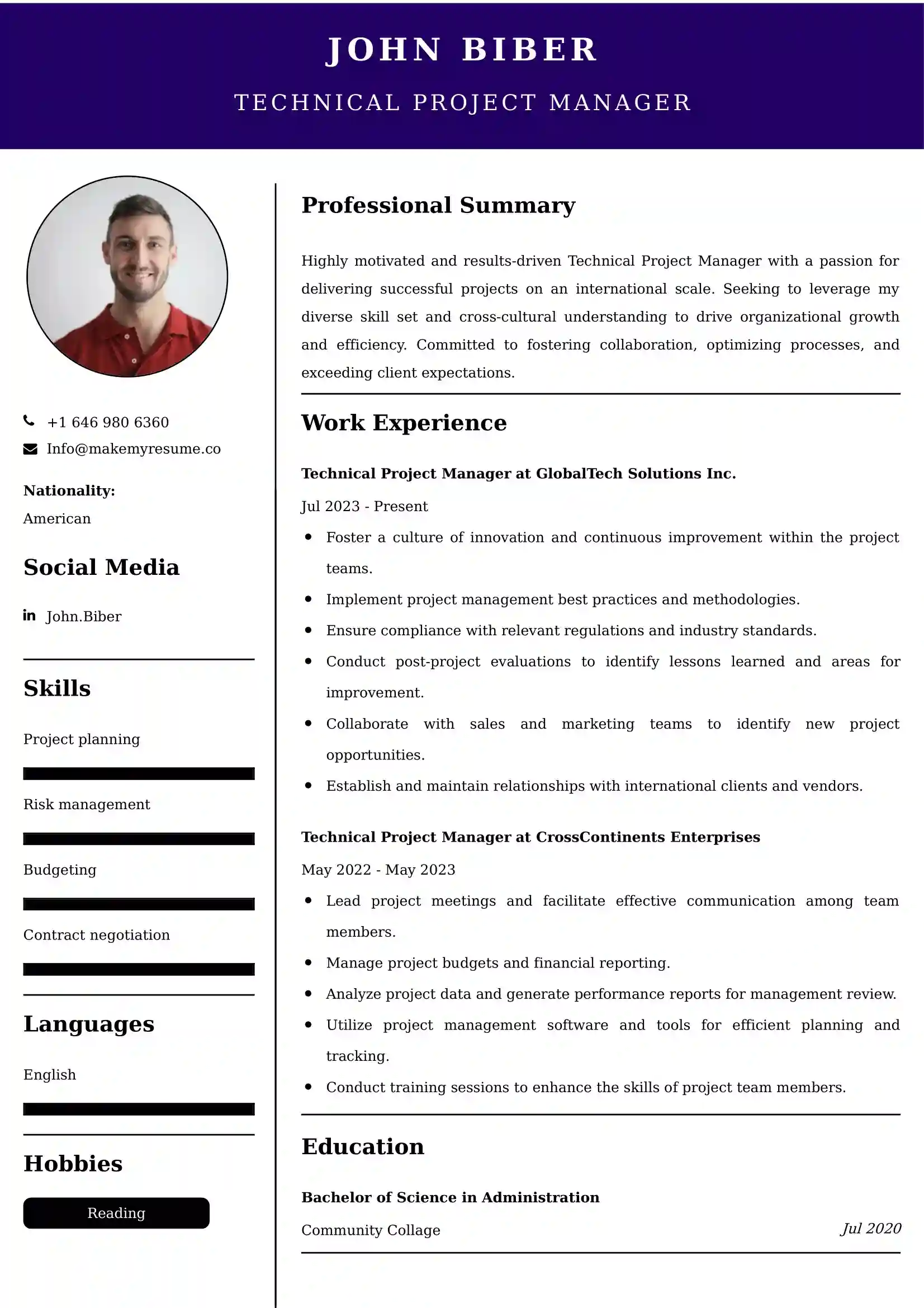 Technical Project Manager Resume Examples USA