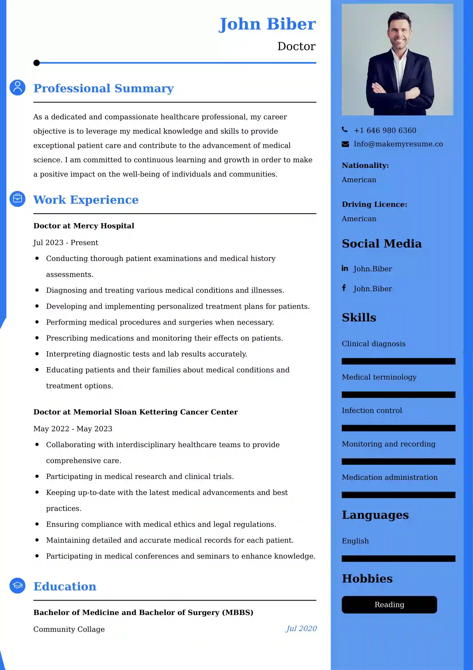 Doctor Resume Examples USA