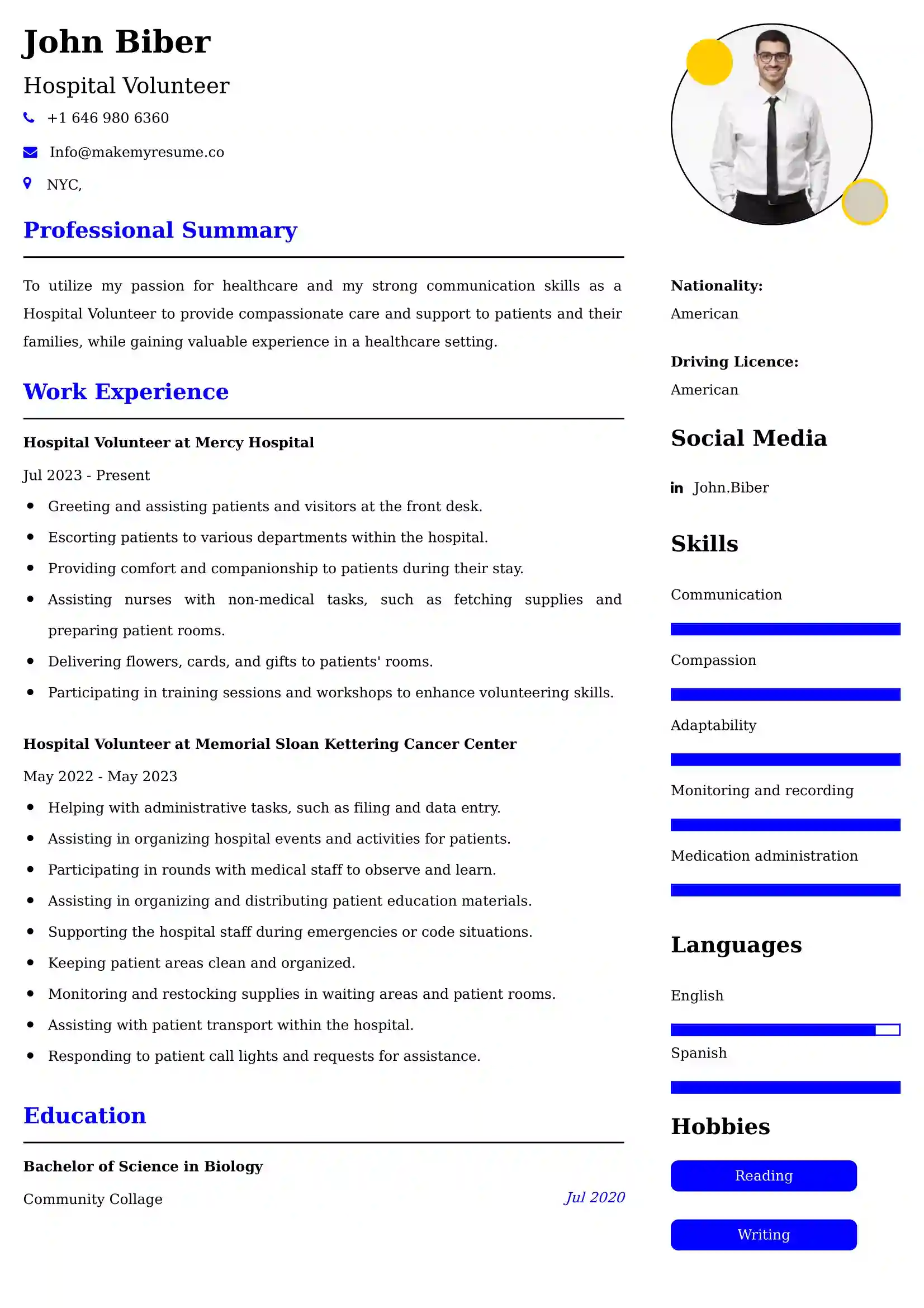 Hospital Volunteer Resume Examples USA