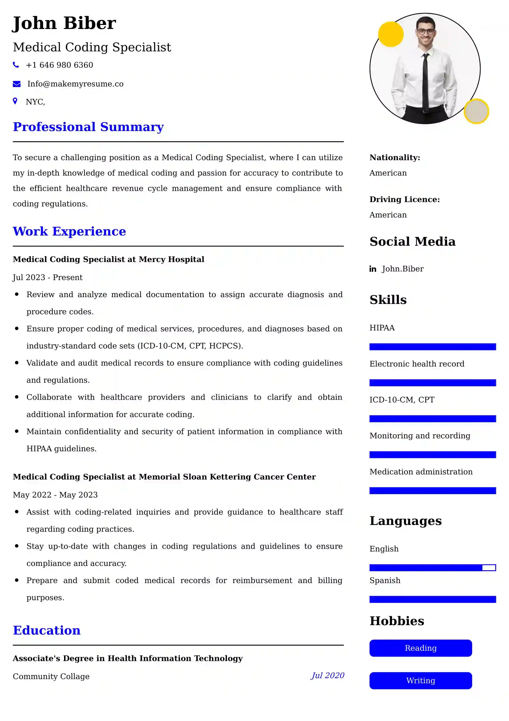 Medical Coding Specialist Resume Examples USA