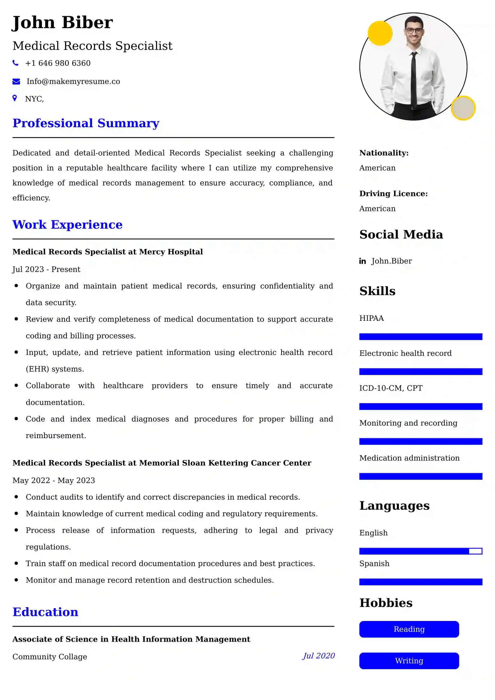 Medical Records Specialist Resume Examples USA