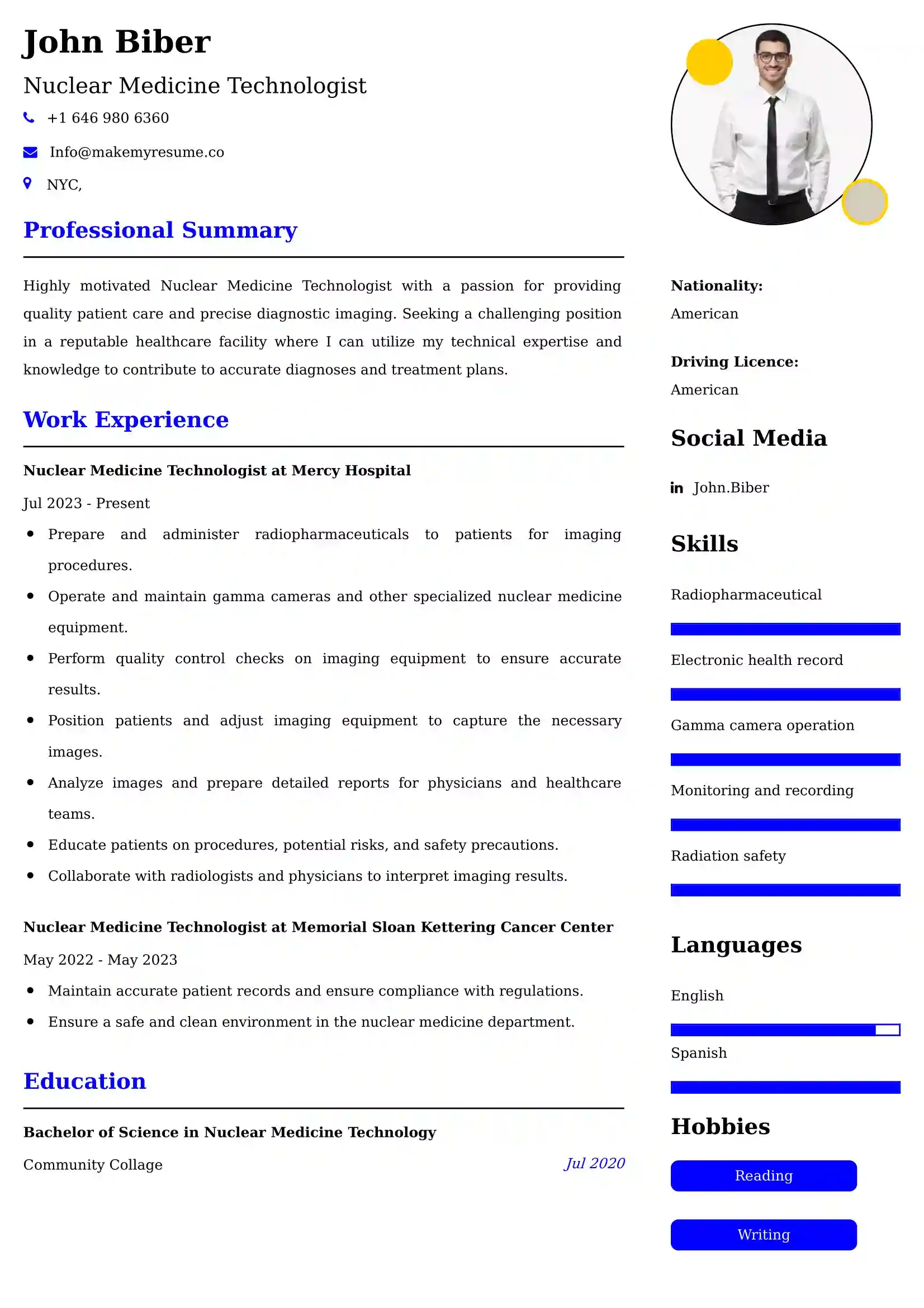 Nuclear Medicine Technologist Resume Examples USA