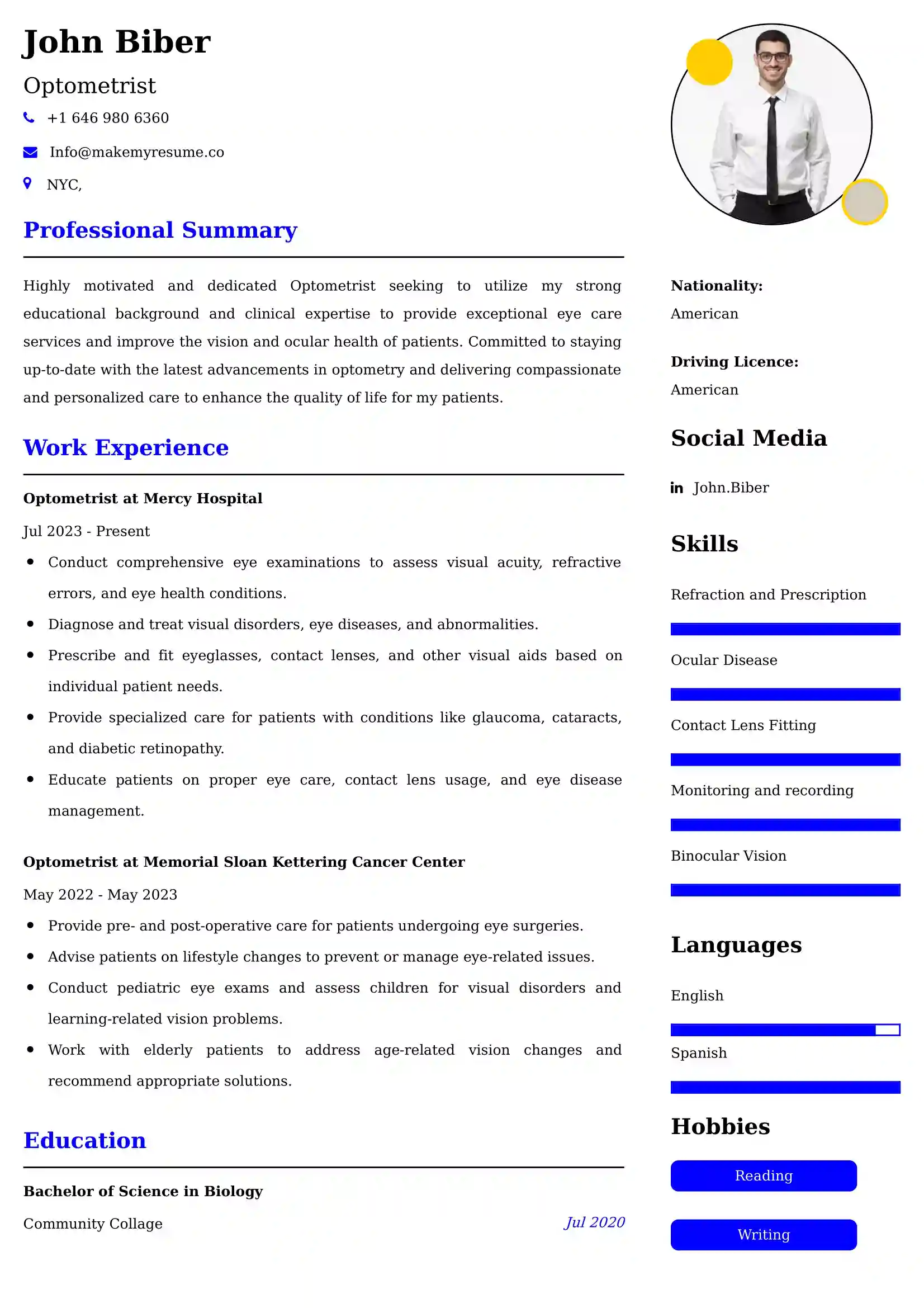 Optometrist Resume Examples USA