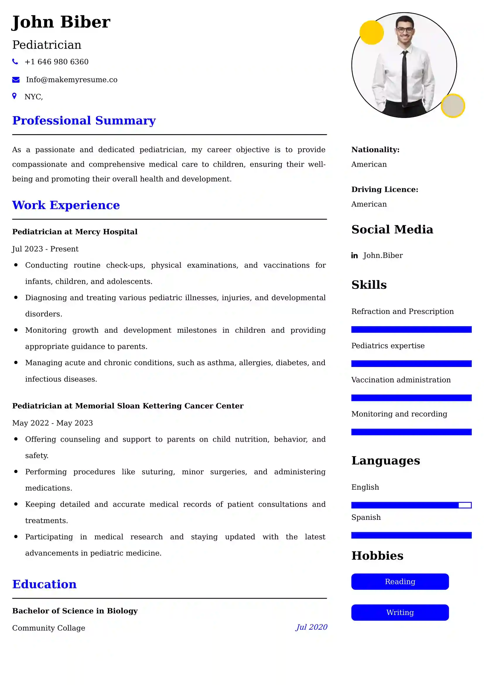 Pediatrician Resume Examples USA