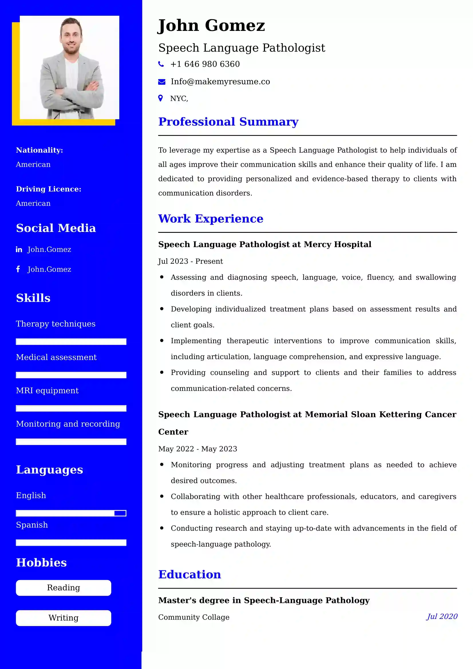 Speech Language Pathologist Resume Examples USA