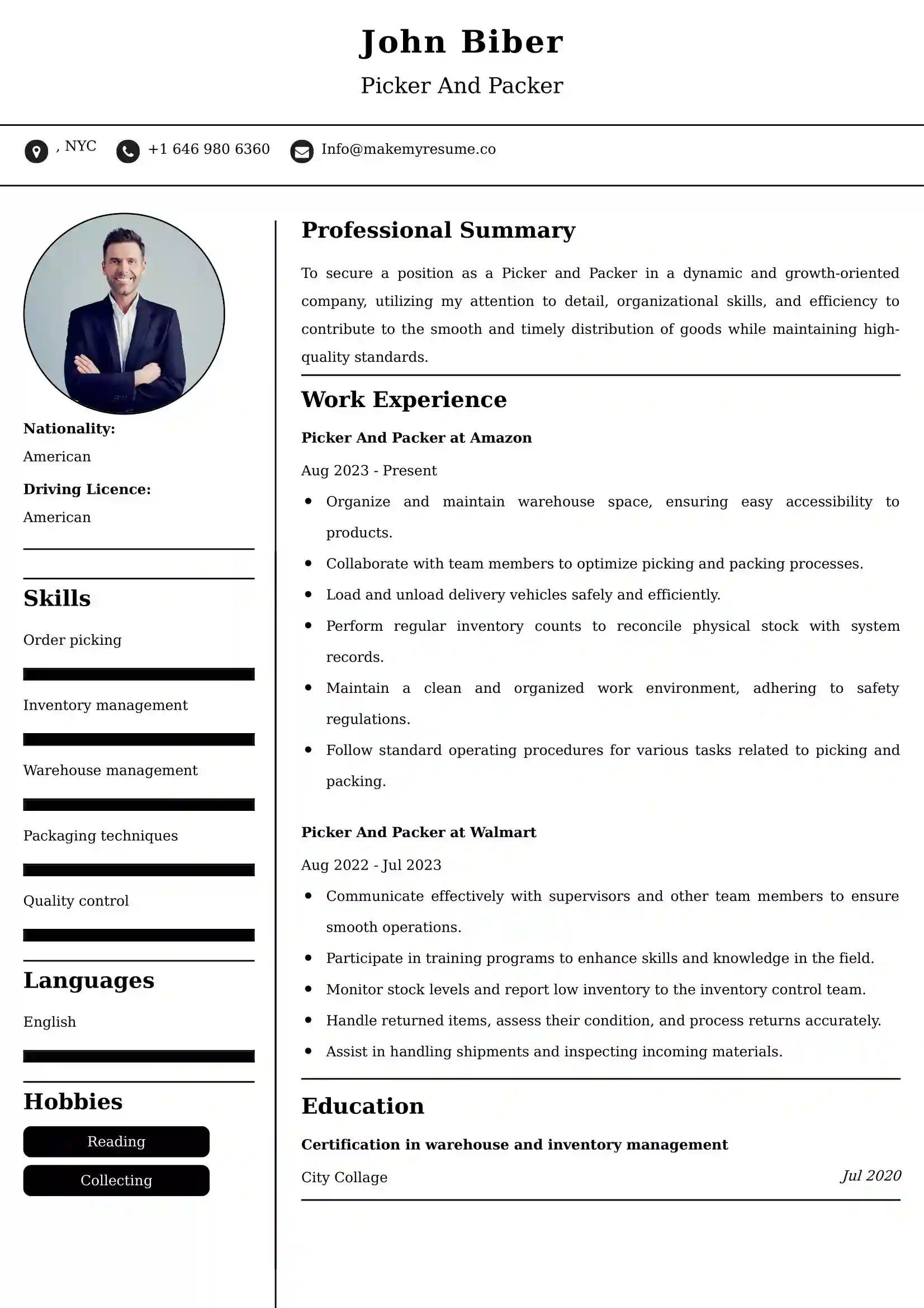 Picker And Packer Resume Examples USA