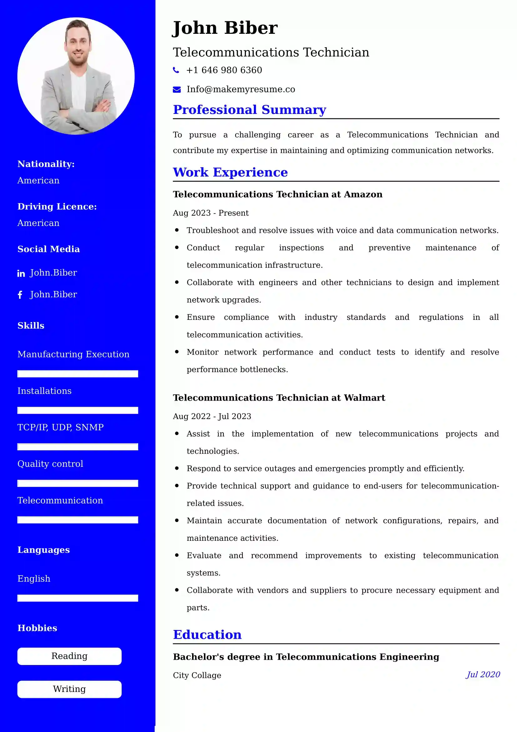 Telecommunications Technician Resume Examples USA