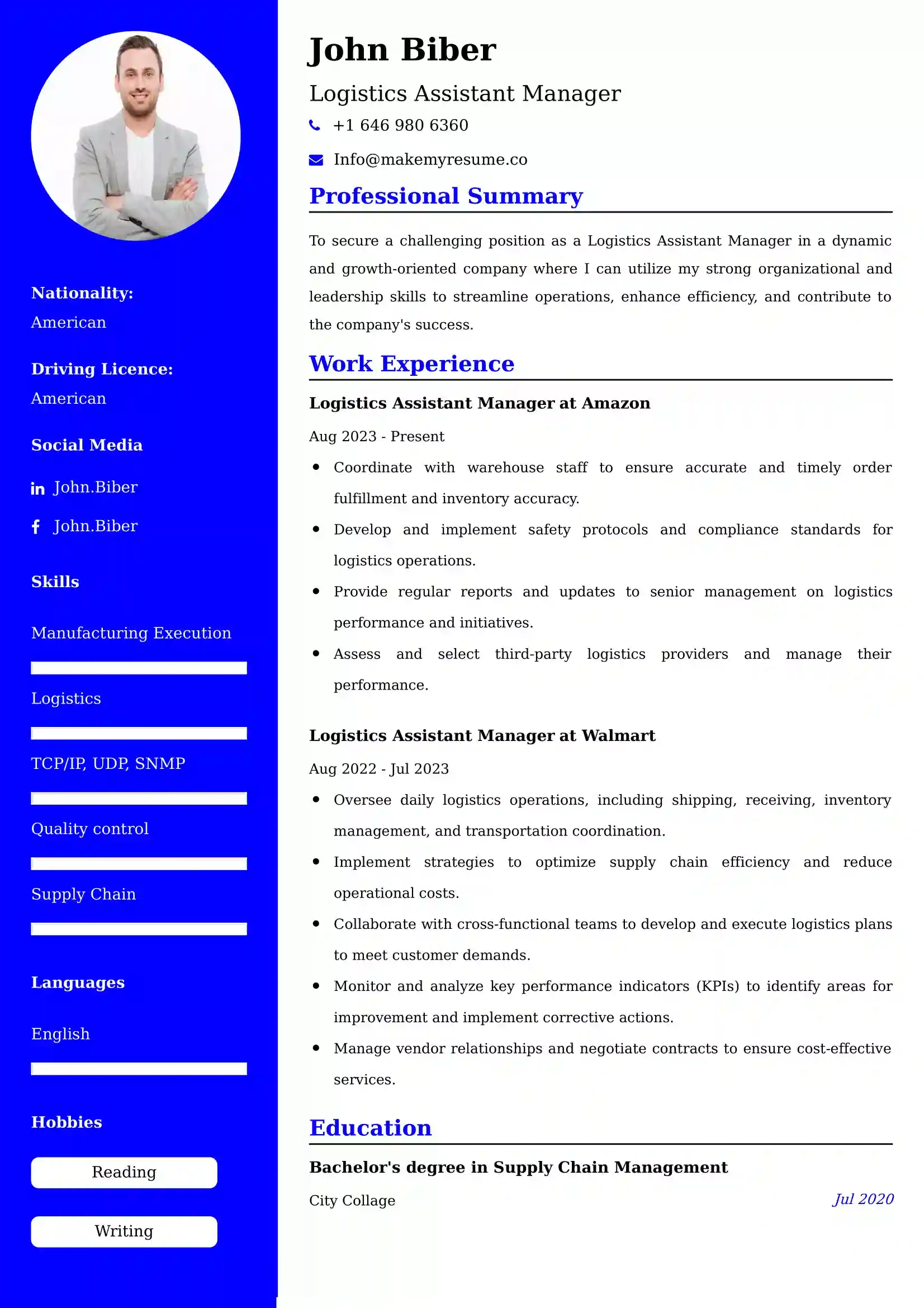 Logistics Assistant Manager Resume Examples USA