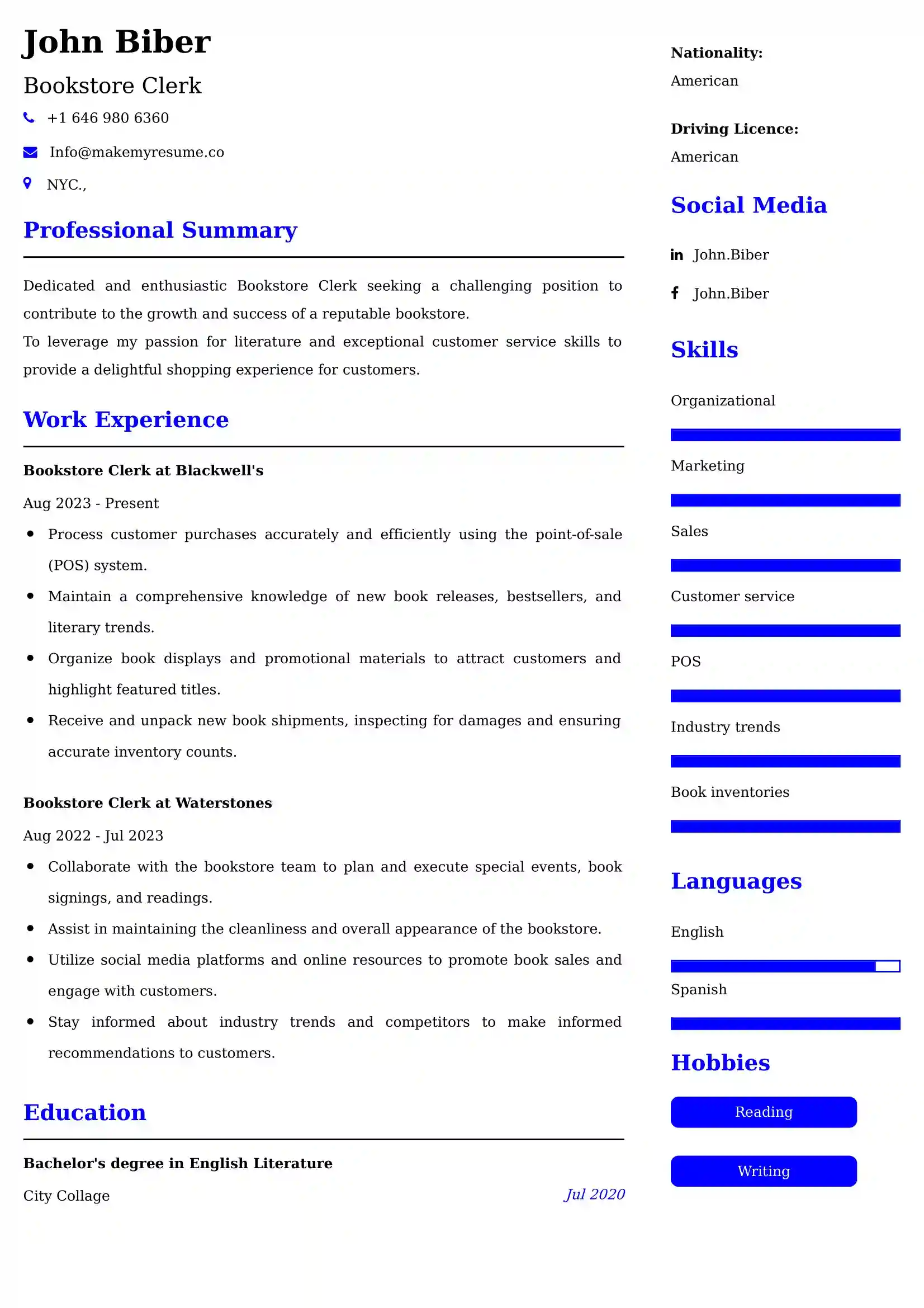 Bookstore Clerk Resume Sample