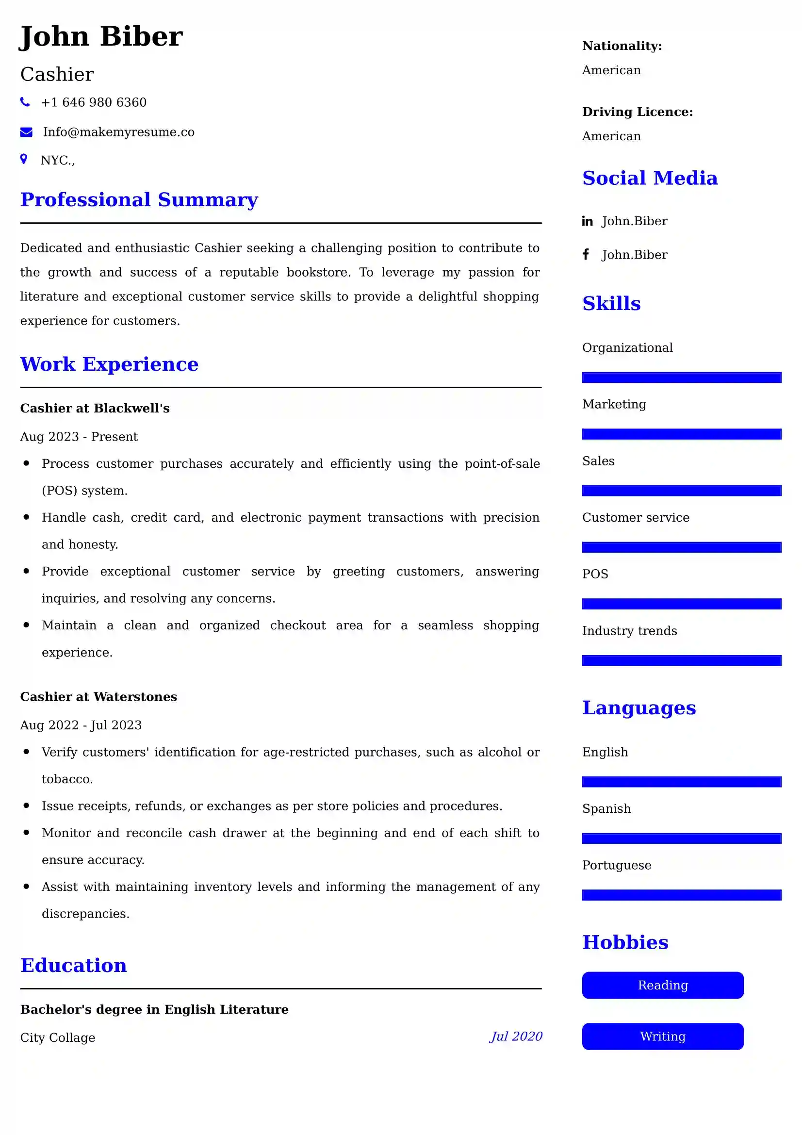 Cashier Resume Examples USA