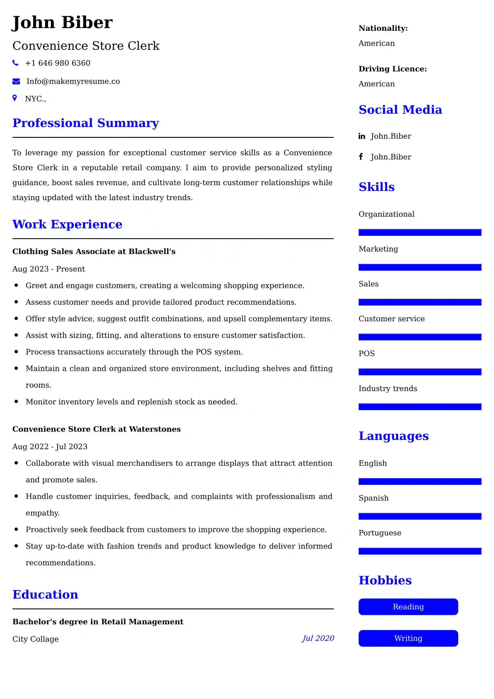 Convenience Store Clerk Resume Examples USA