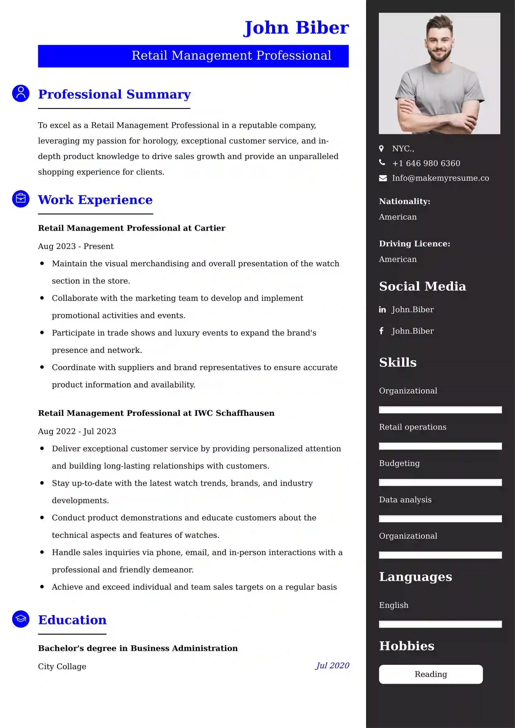 Retail Management Professional Resume Examples USA