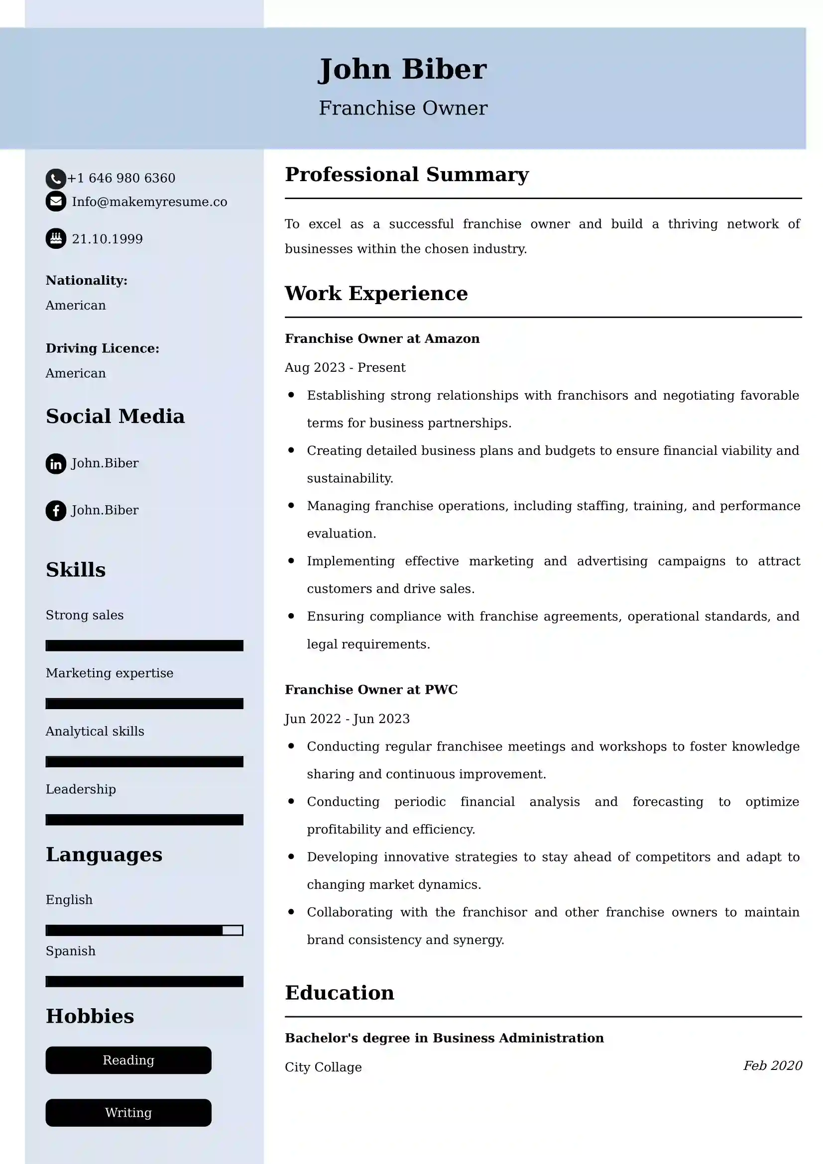 Franchise Owner Resume Examples USA