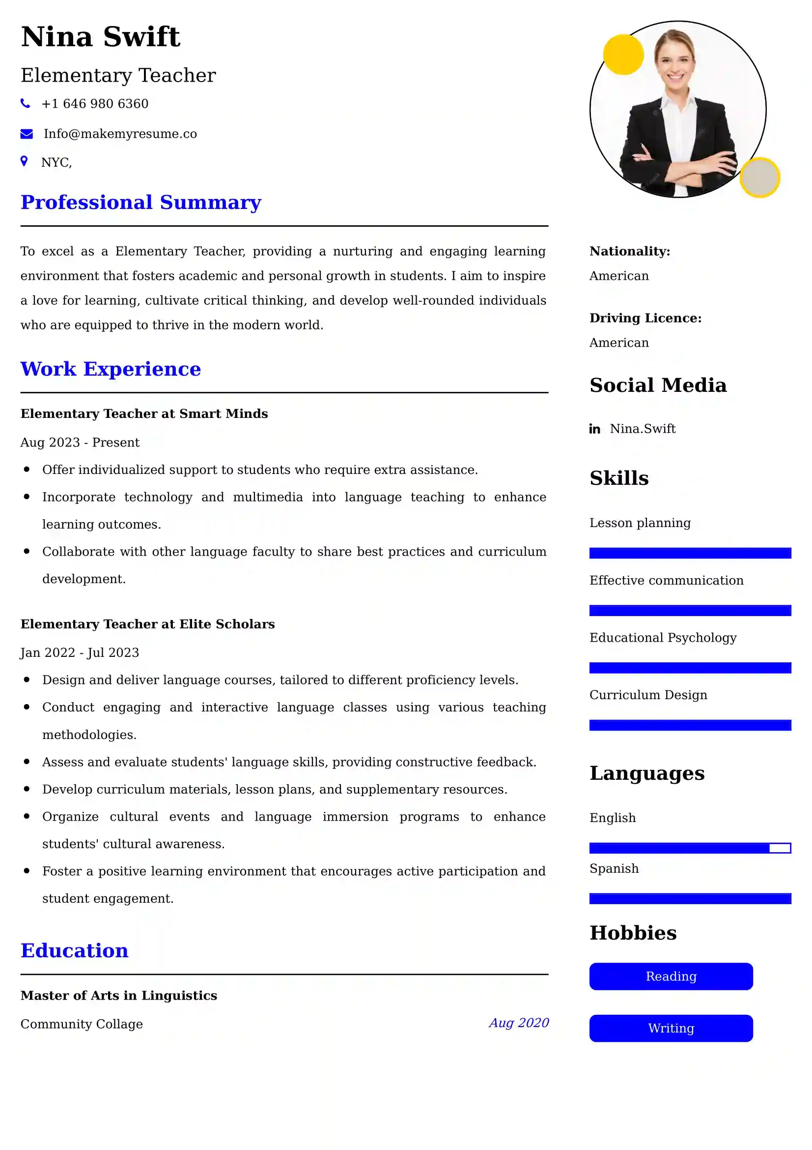 Elementary Teacher Resume Examples USA