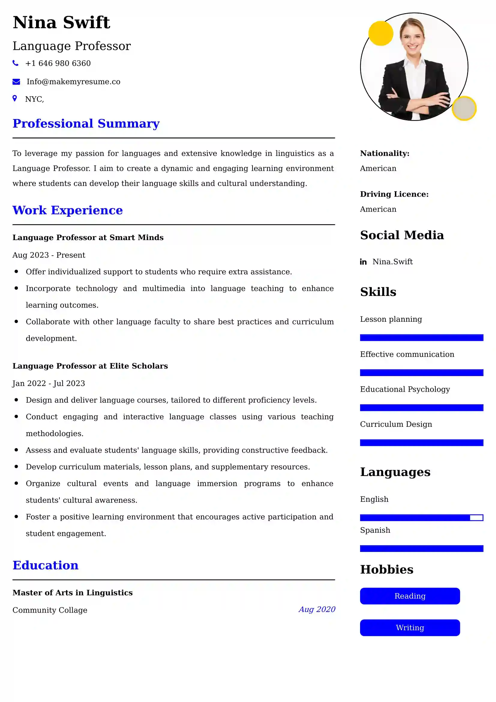 Language Professor Resume Examples USA