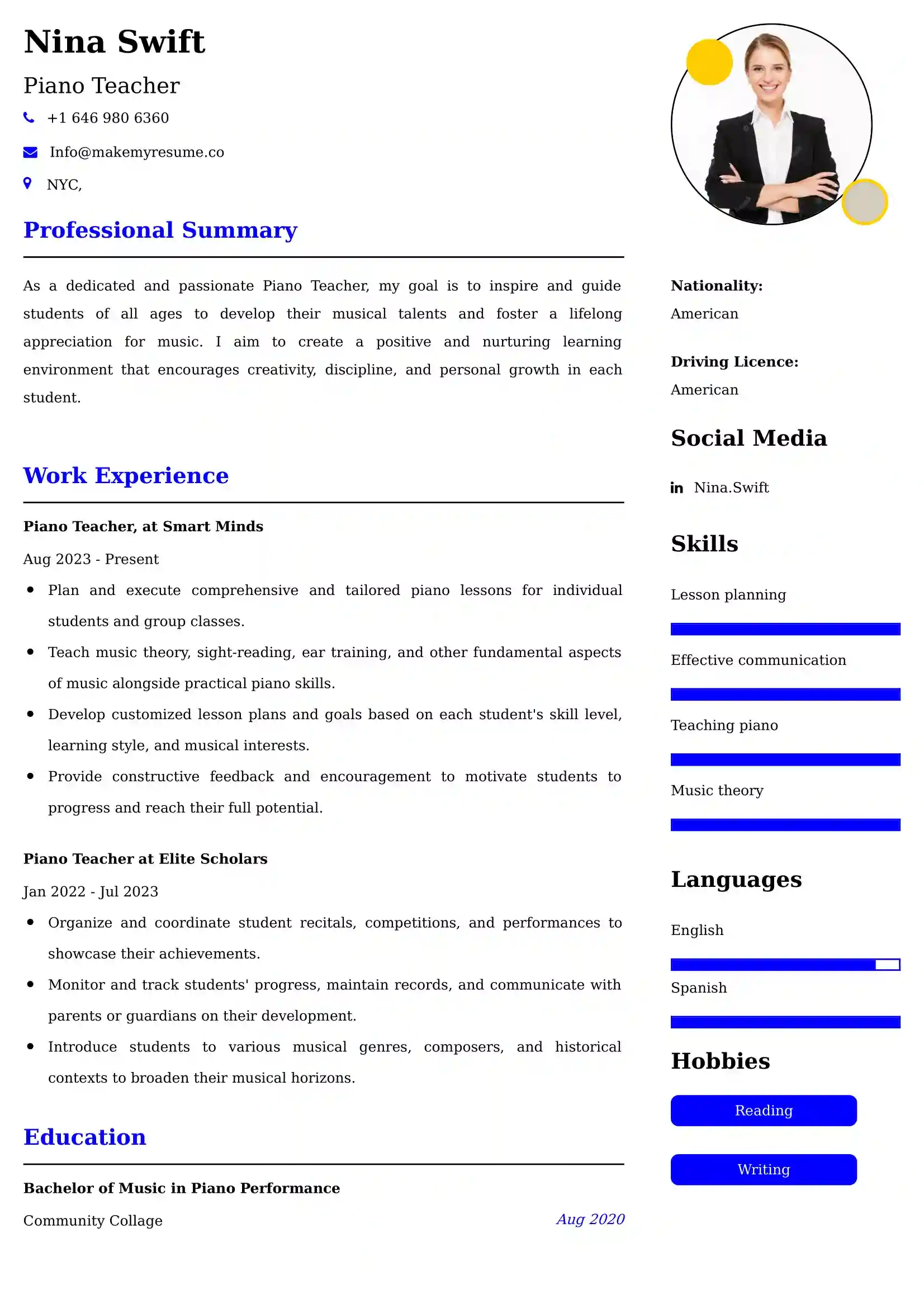 Piano Teacher Resume Examples USA