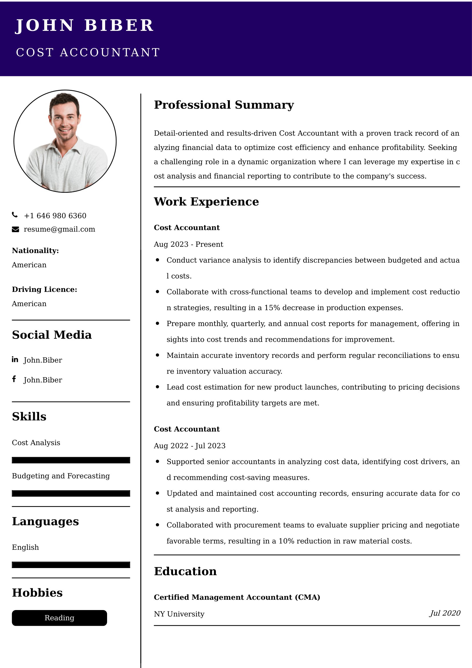 Cost Accountant Resume Examples USA