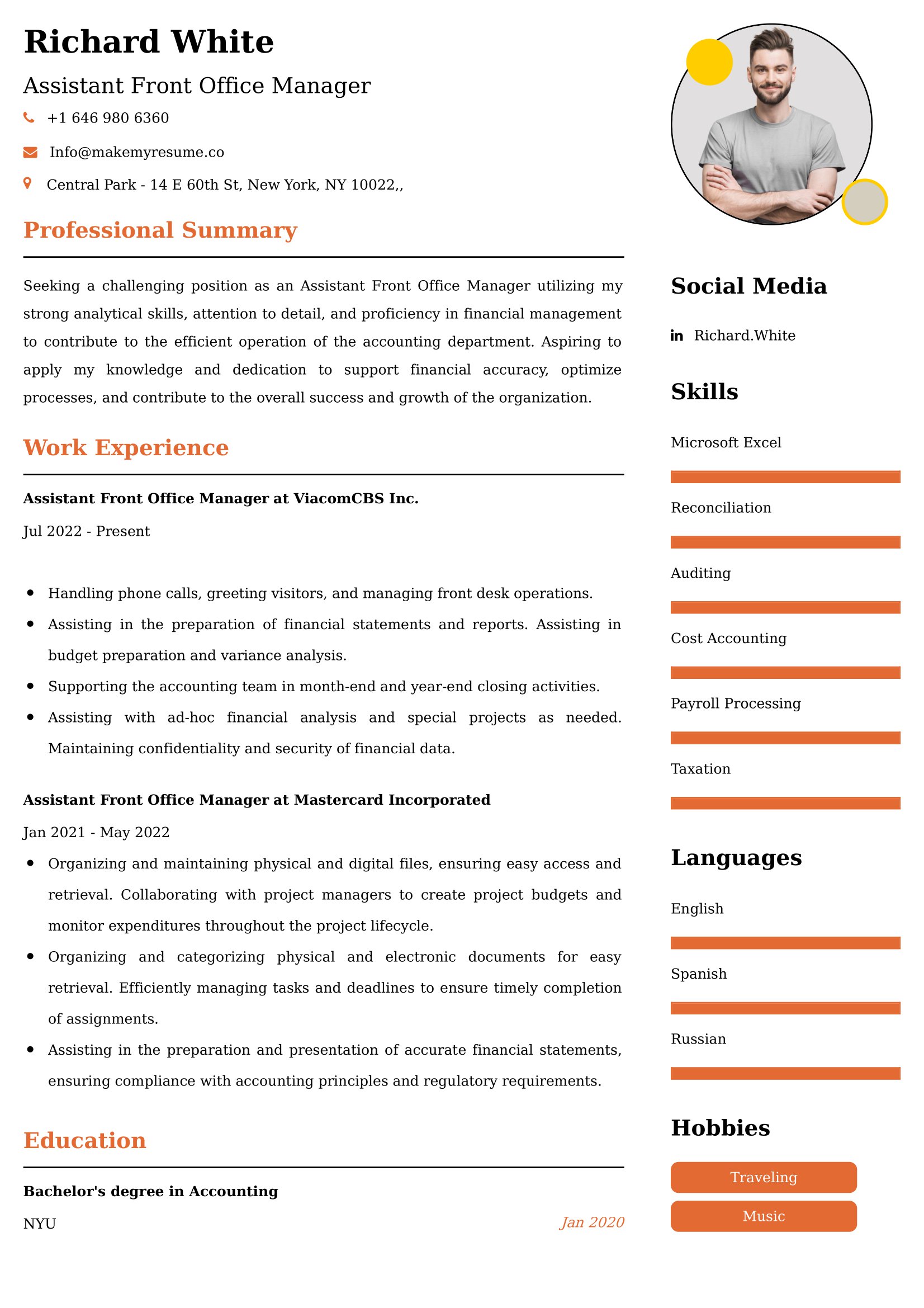 Assistant Front Office Manager Resume Examples USA