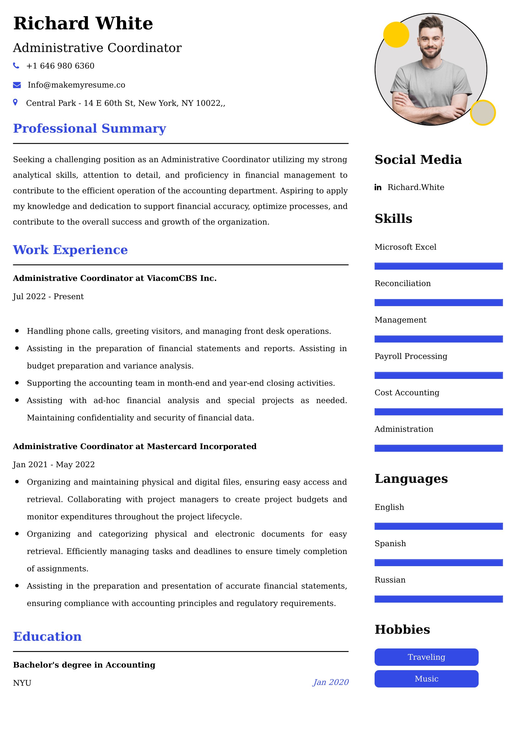 Administrative Coordinator Resume Examples USA