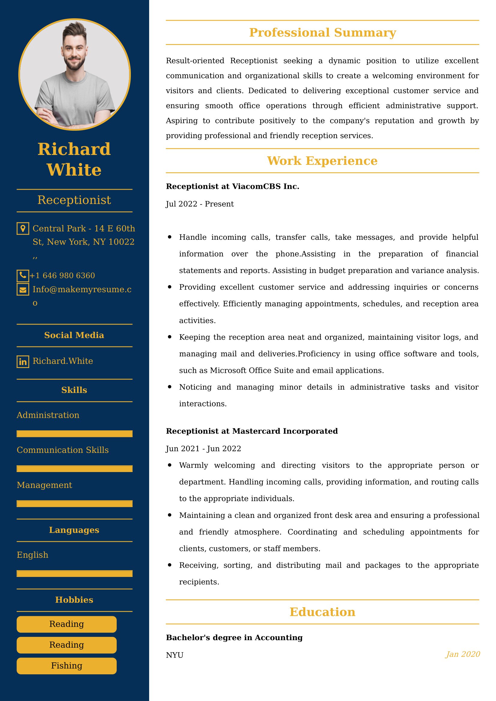 Receptionist Resume Examples USA