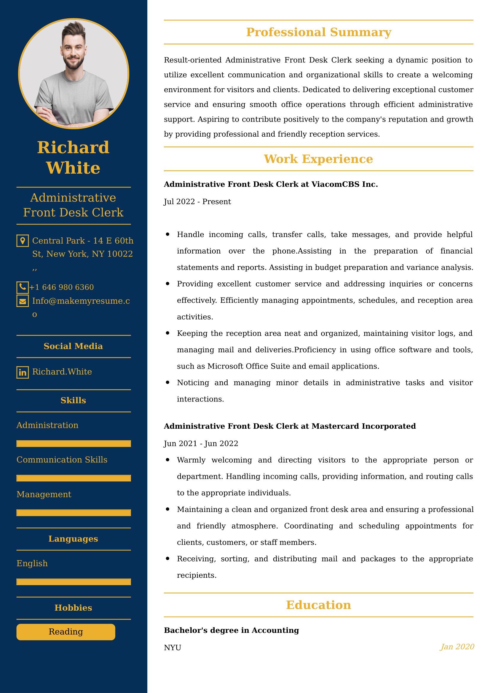 Administrative Front Desk Clerk Resume Examples USA