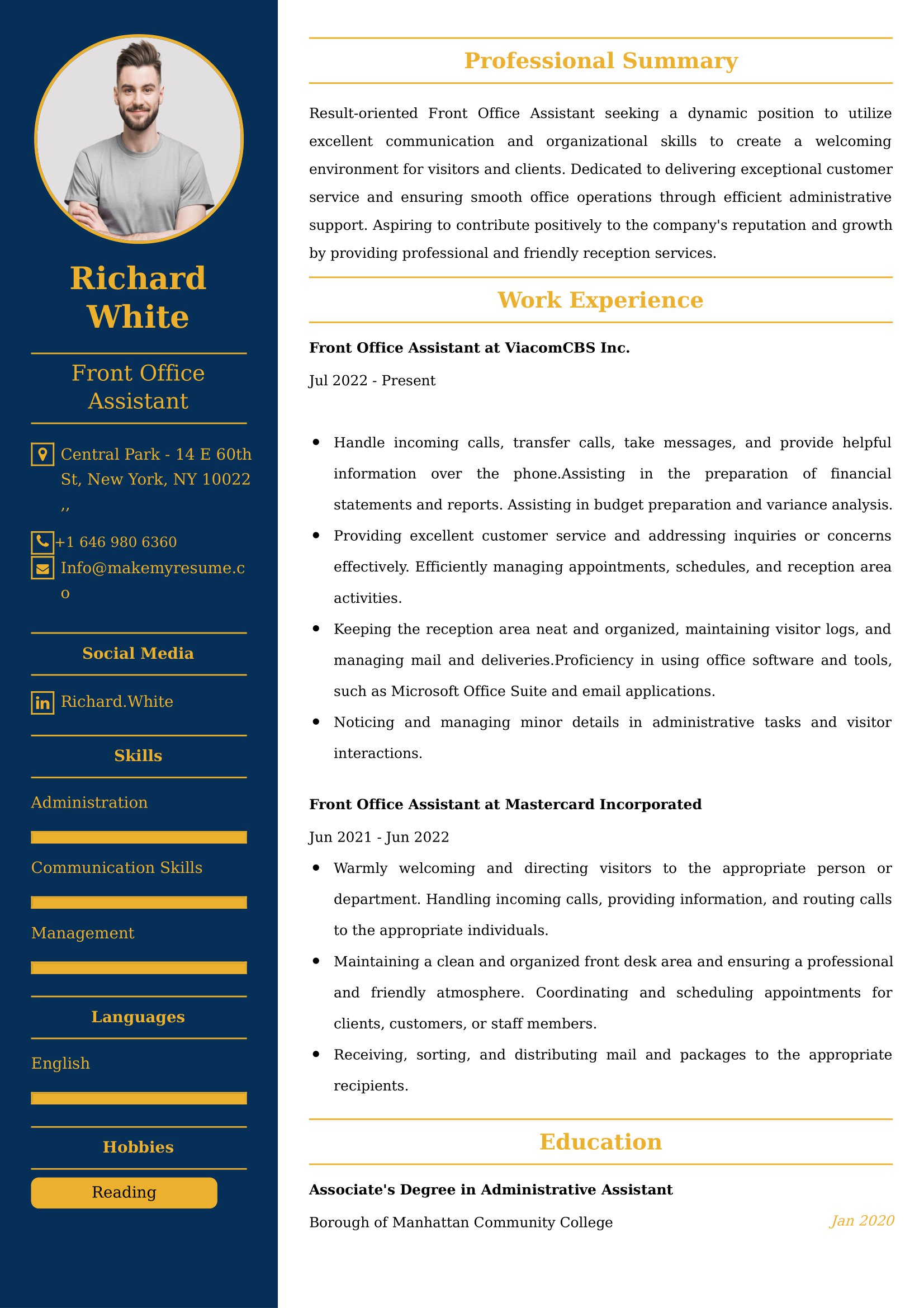 Front Office Assistant Resume Examples USA