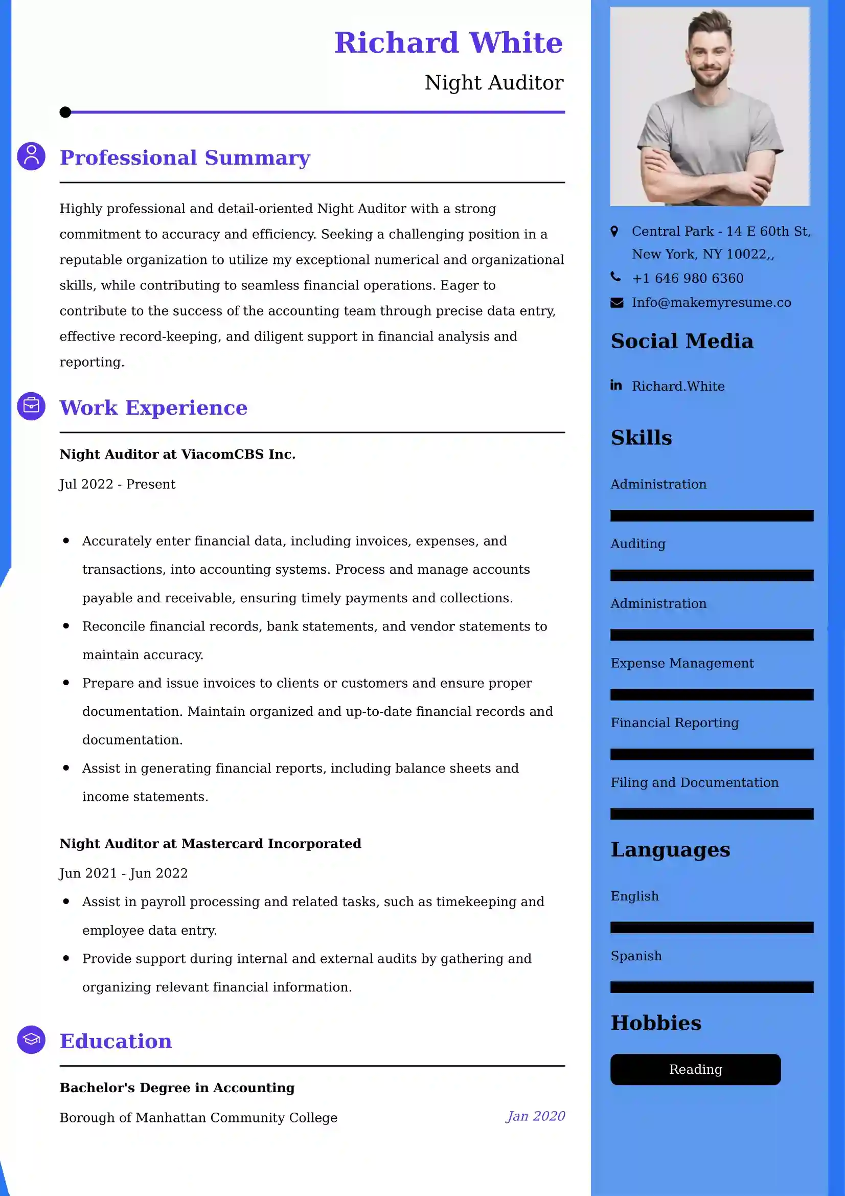 Night Auditor Resume Examples USA