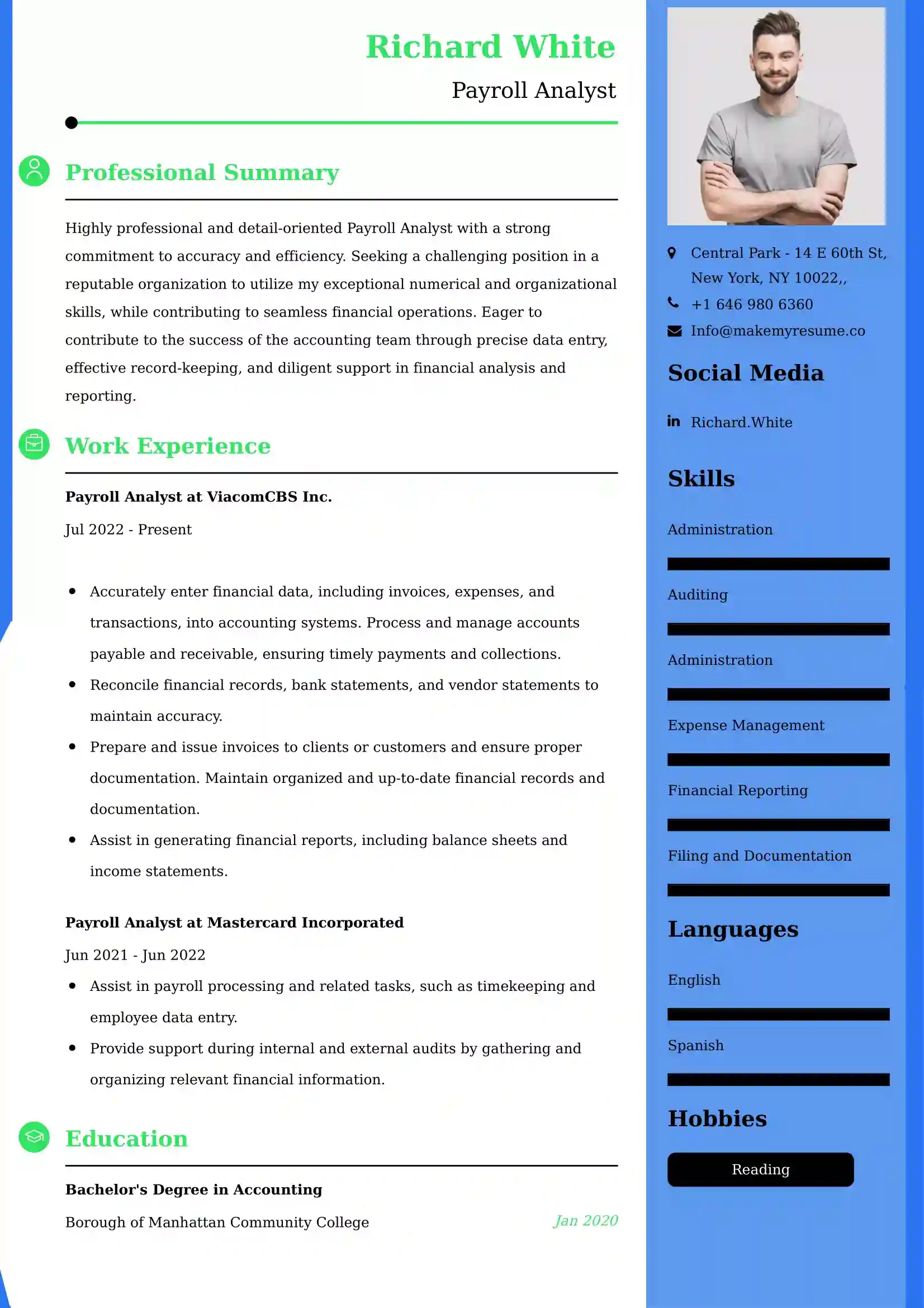 Payroll Analyst Resume Examples USA