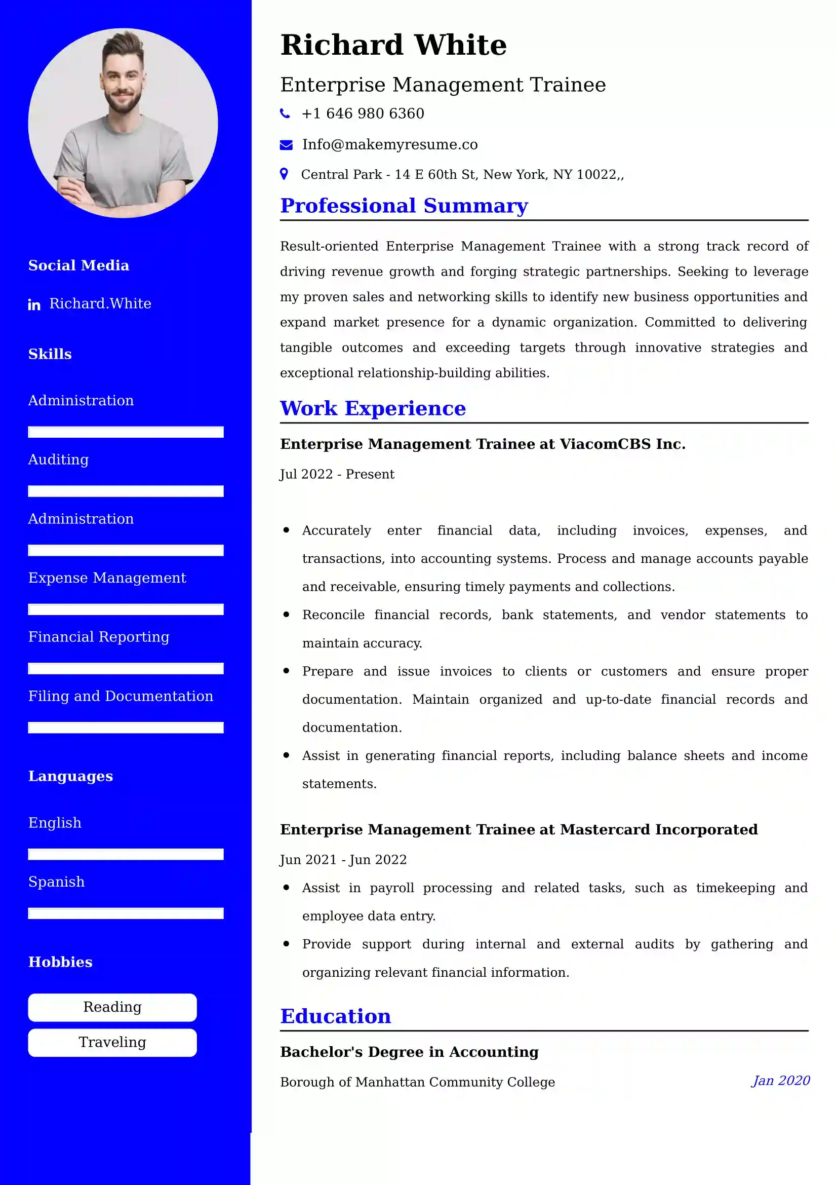 Enterprise Management Trainee Resume Examples USA