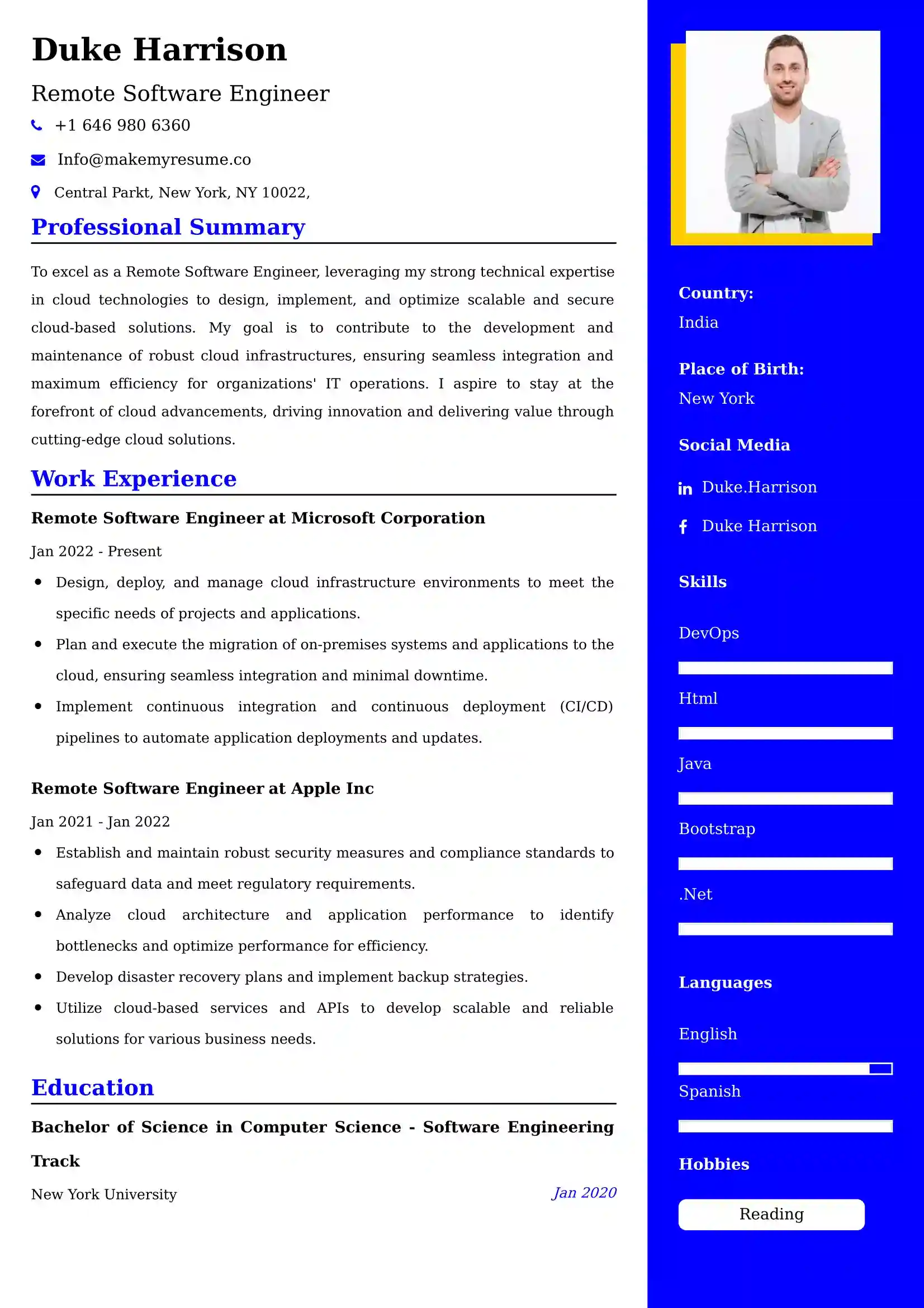 Remote Software Engineer Resume Examples USA