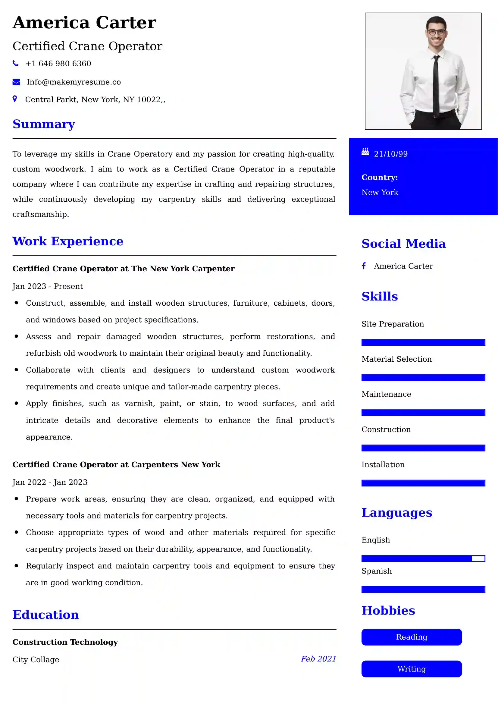 Certified Crane Operator Resume Sample