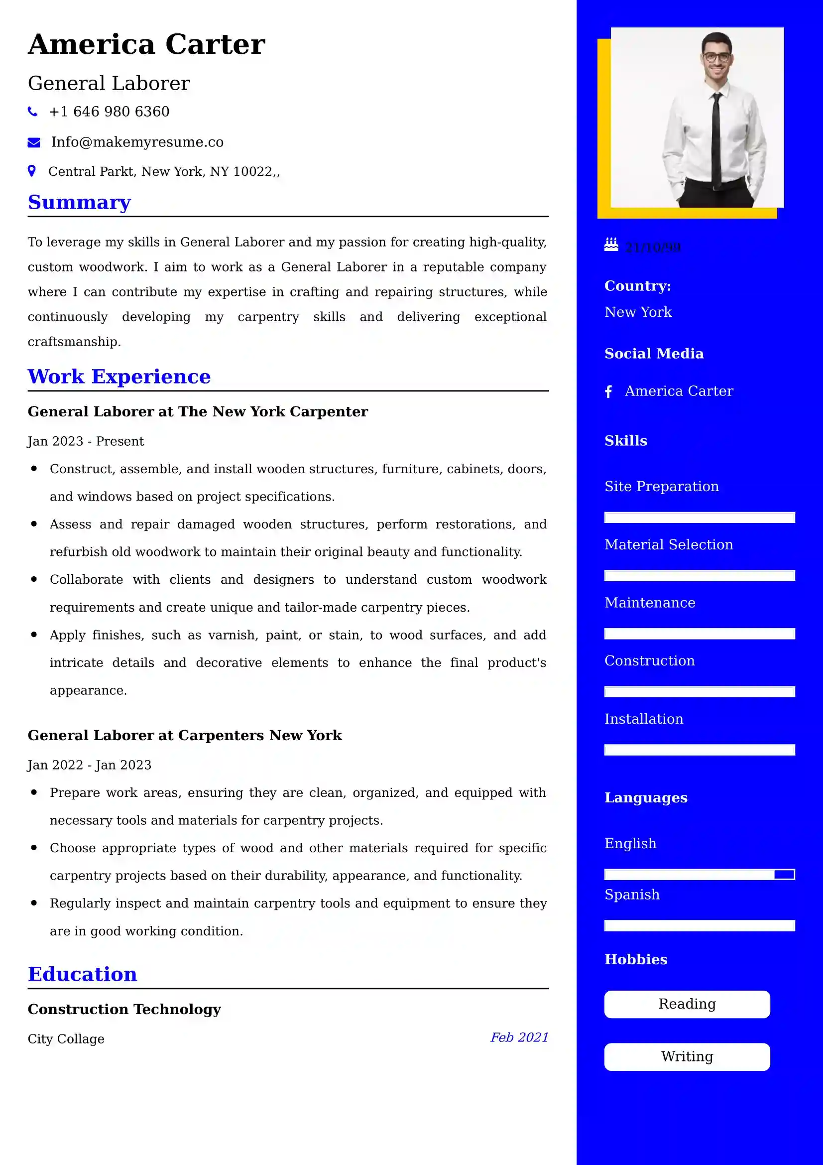 General Laborer Resume Examples USA