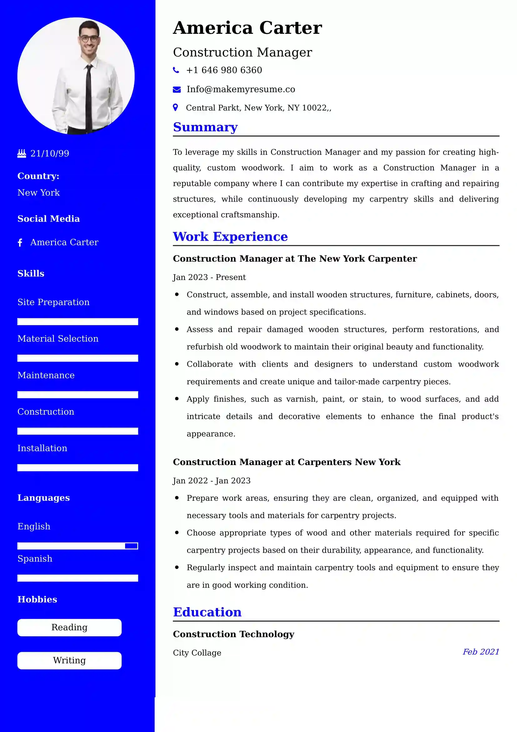 Construction Manager Resume Examples USA