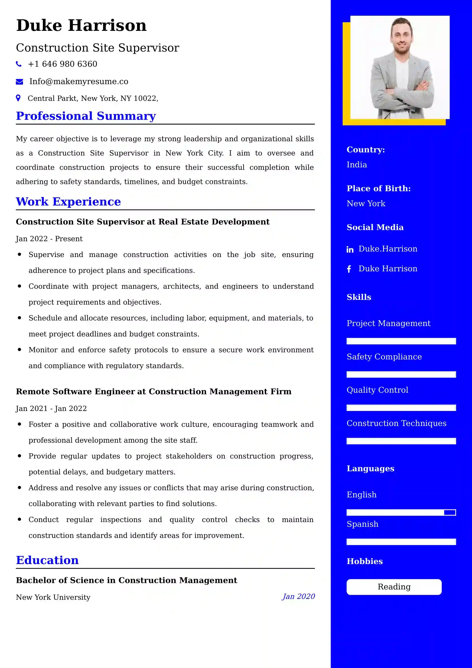 Construction Site Supervisor Resume Examples USA