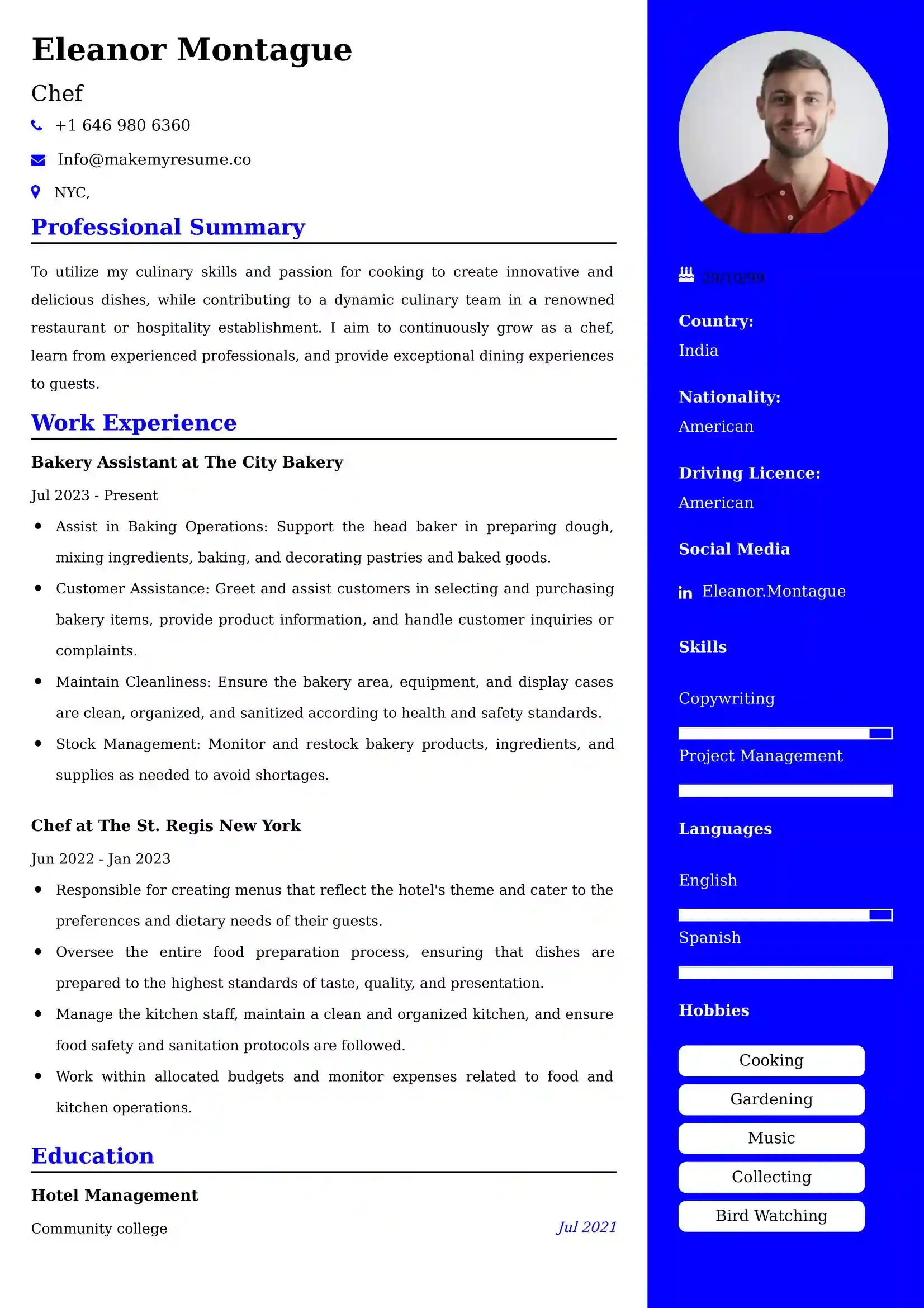 Chef Resume Examples USA