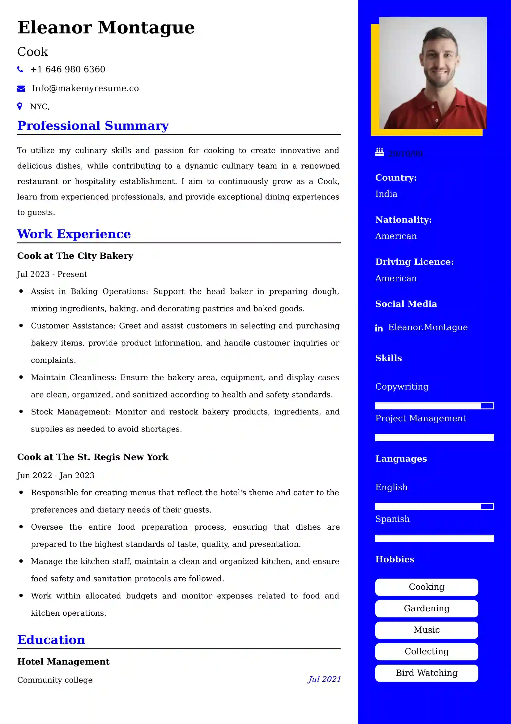 Cook Resume Examples USA