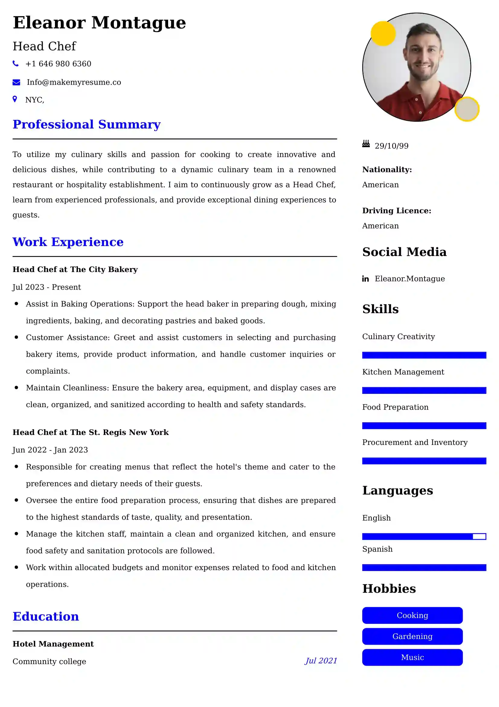 Head Chef Resume Examples USA