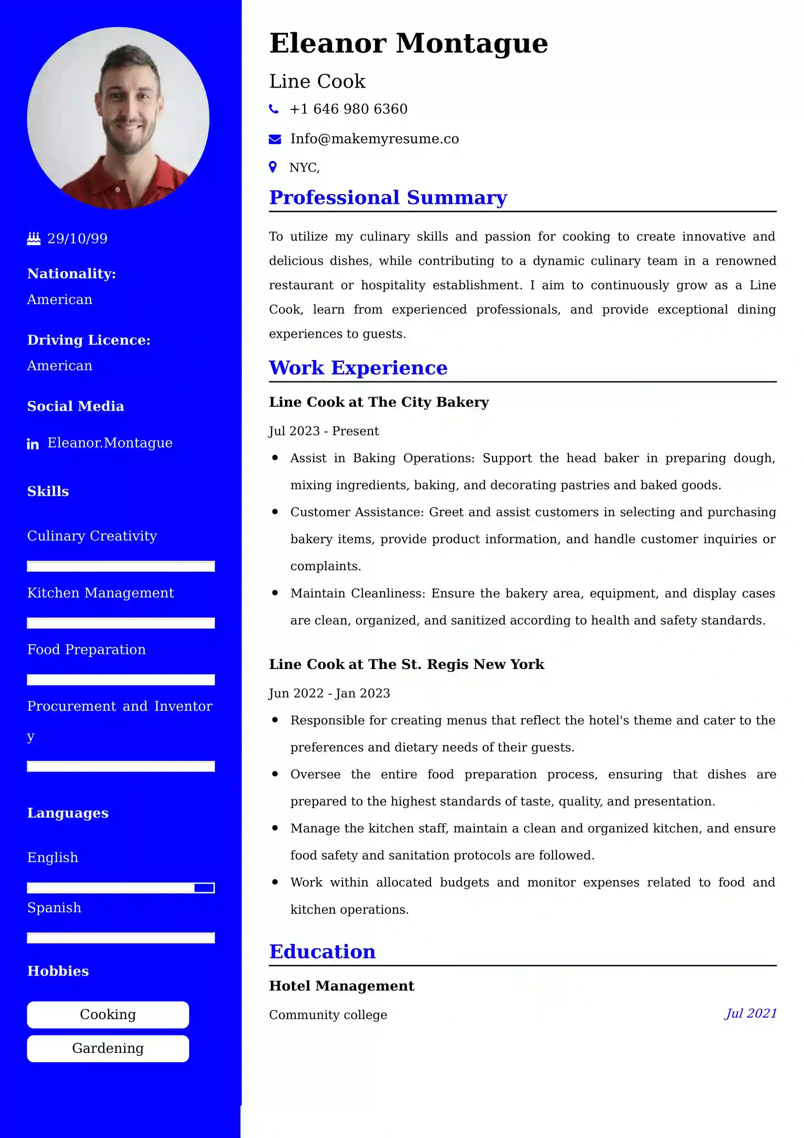 Line Cook Resume Examples USA