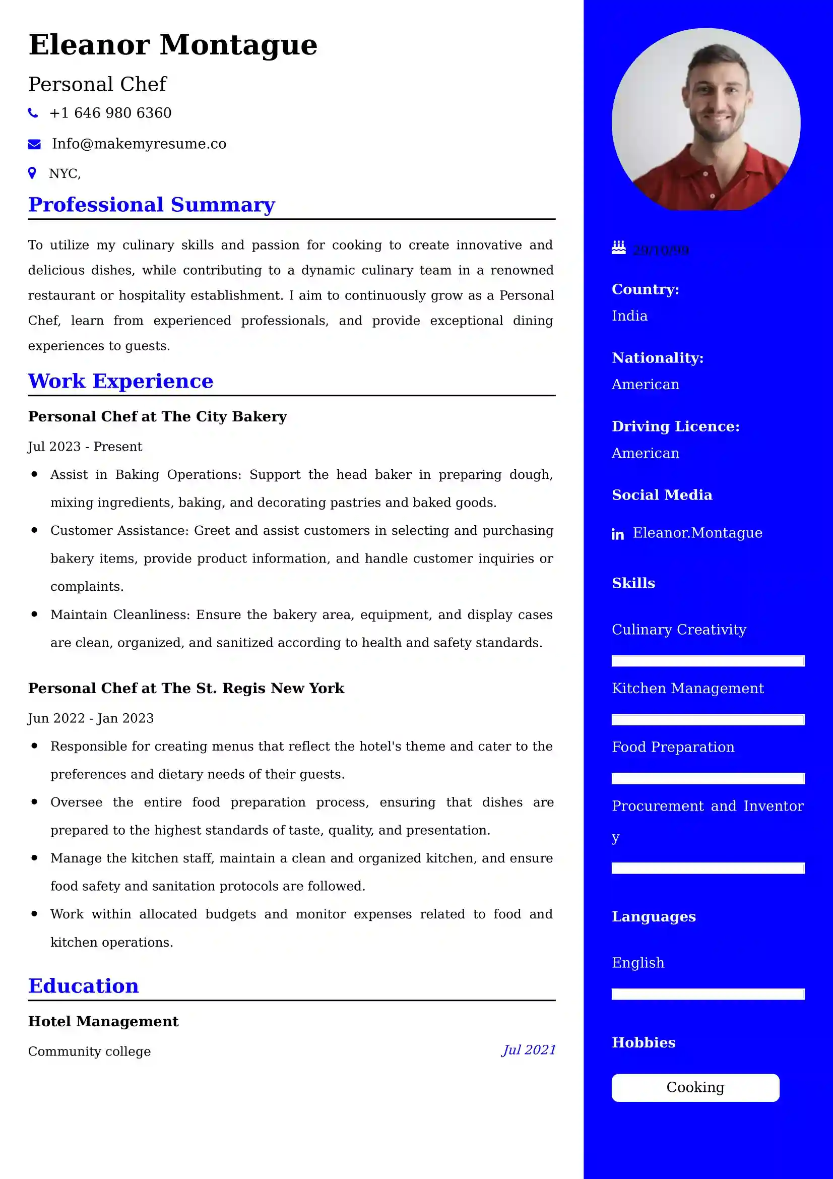 Personal Chef Resume Examples USA