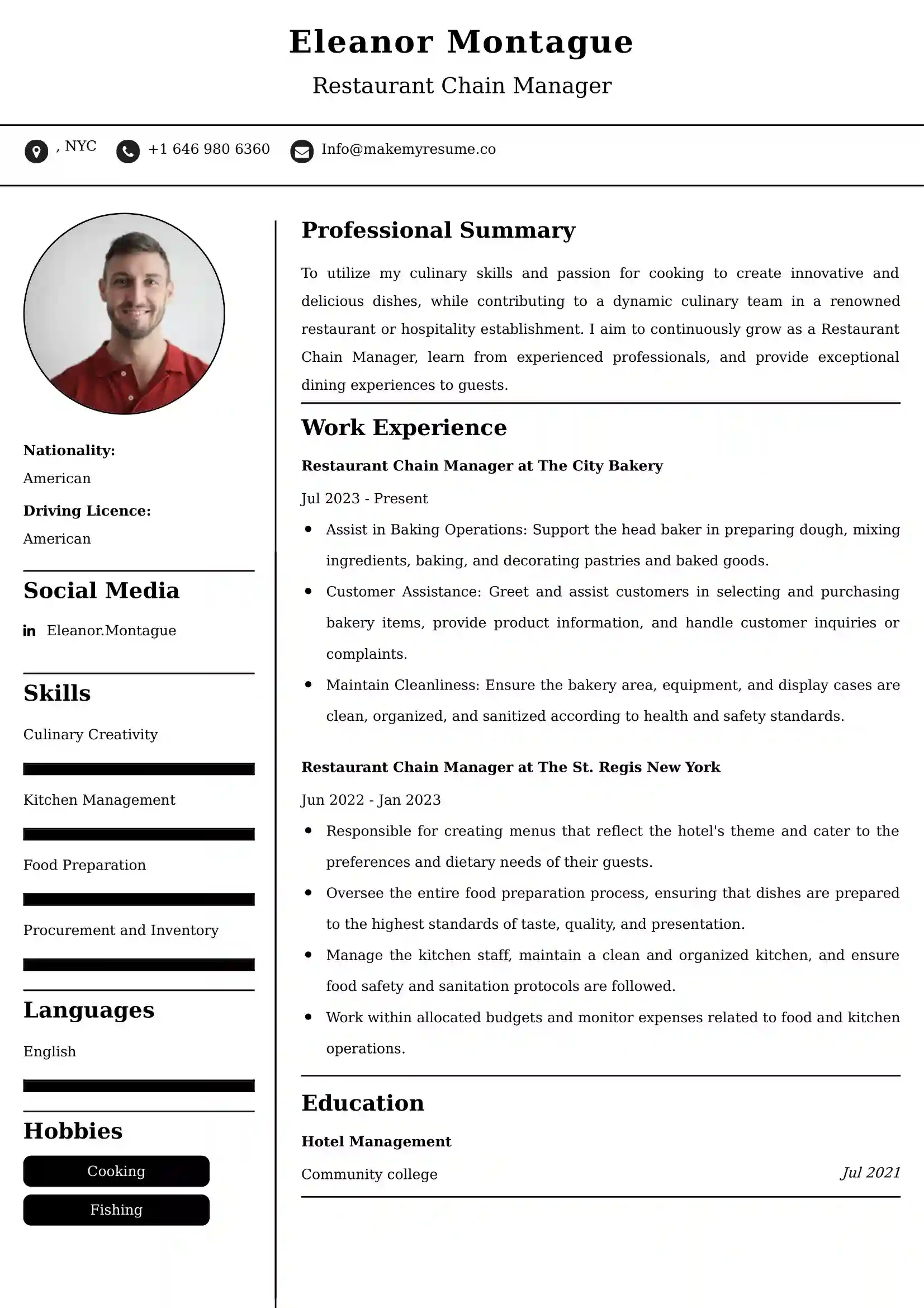 Restaurant Chain Manager Resume Examples USA